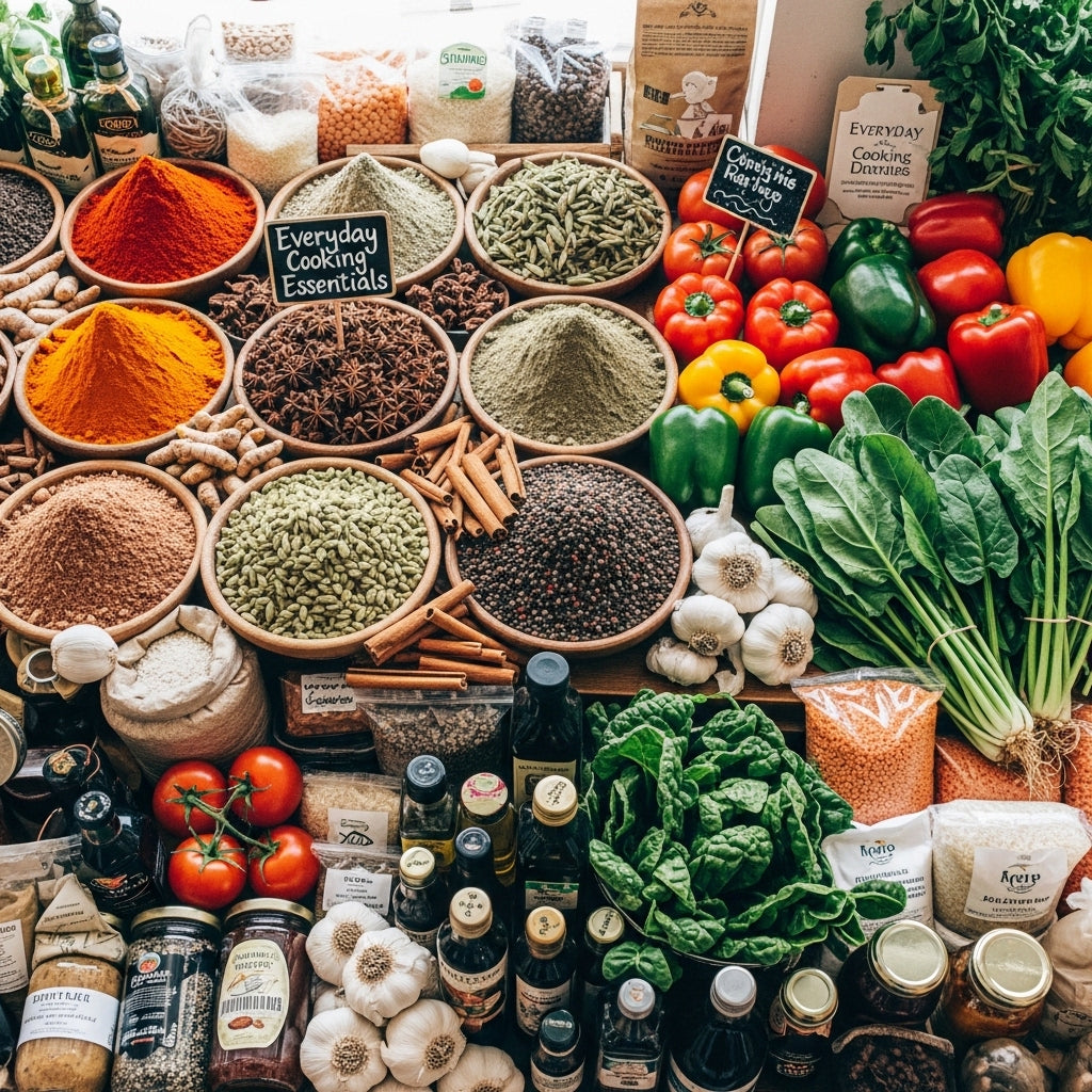 Fresh spices and grocery items for cooking and daily food preparation