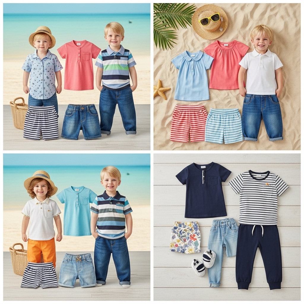 Cute baby and kids summer outfits including t-shirts and shorts in soft cotton fabric