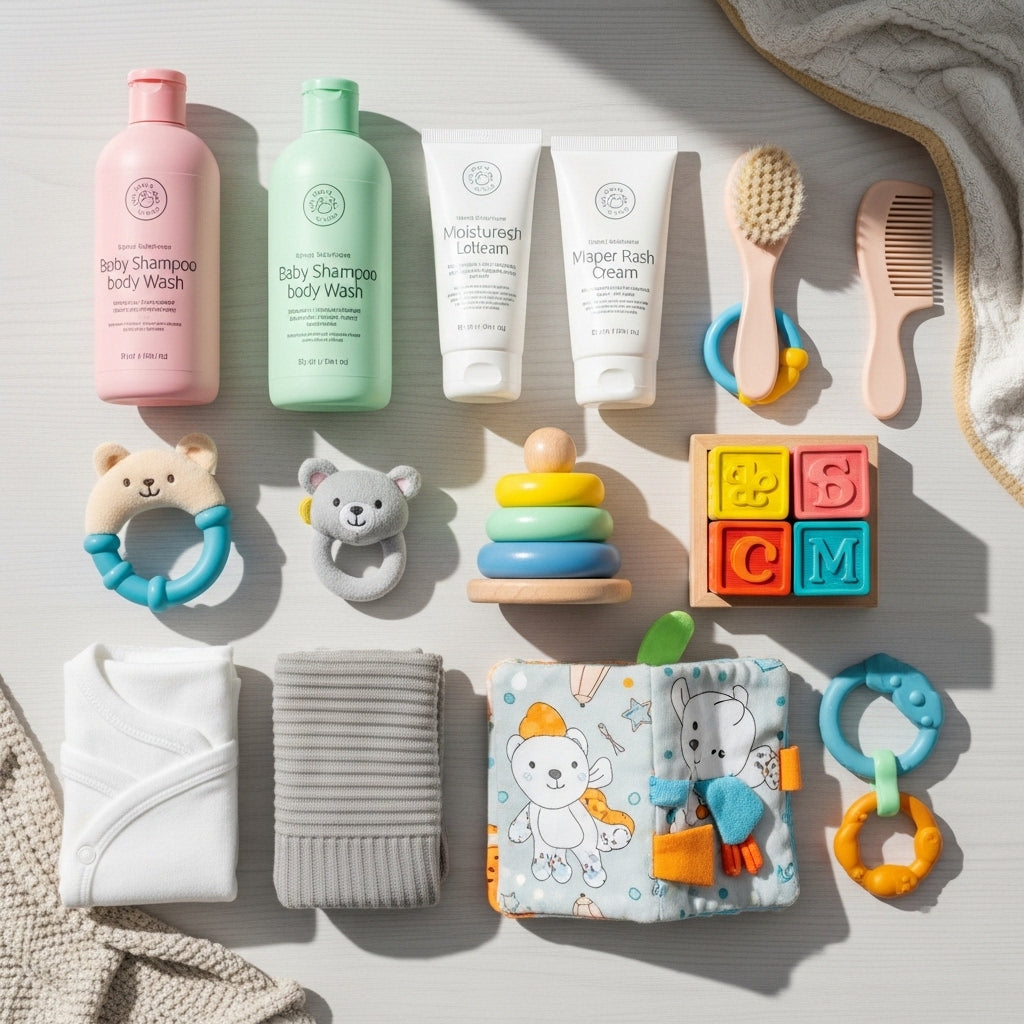 Baby care products and toys collection for kids, safe and fun items for babies