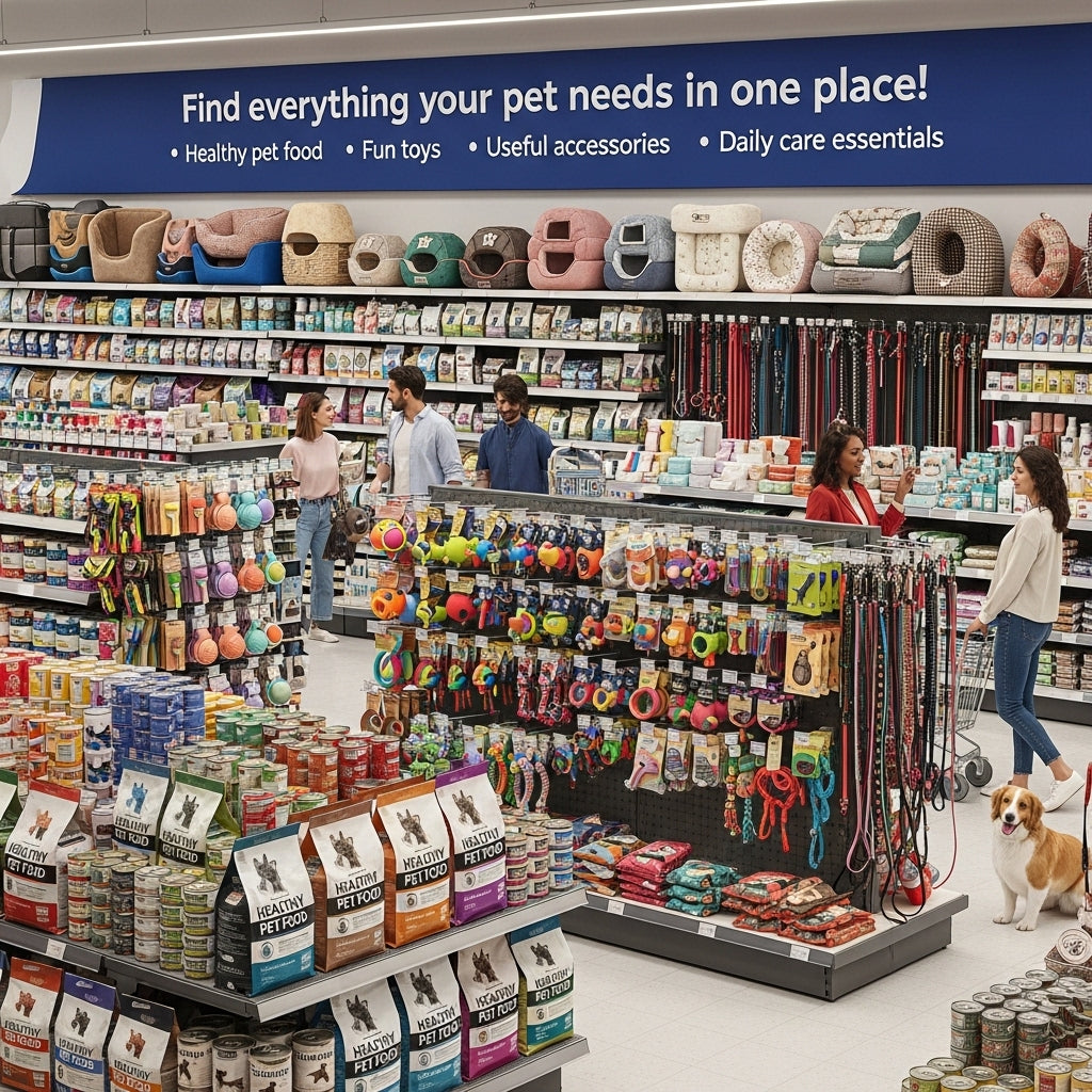 Pet supplies store with dog and cat food toys and accessories