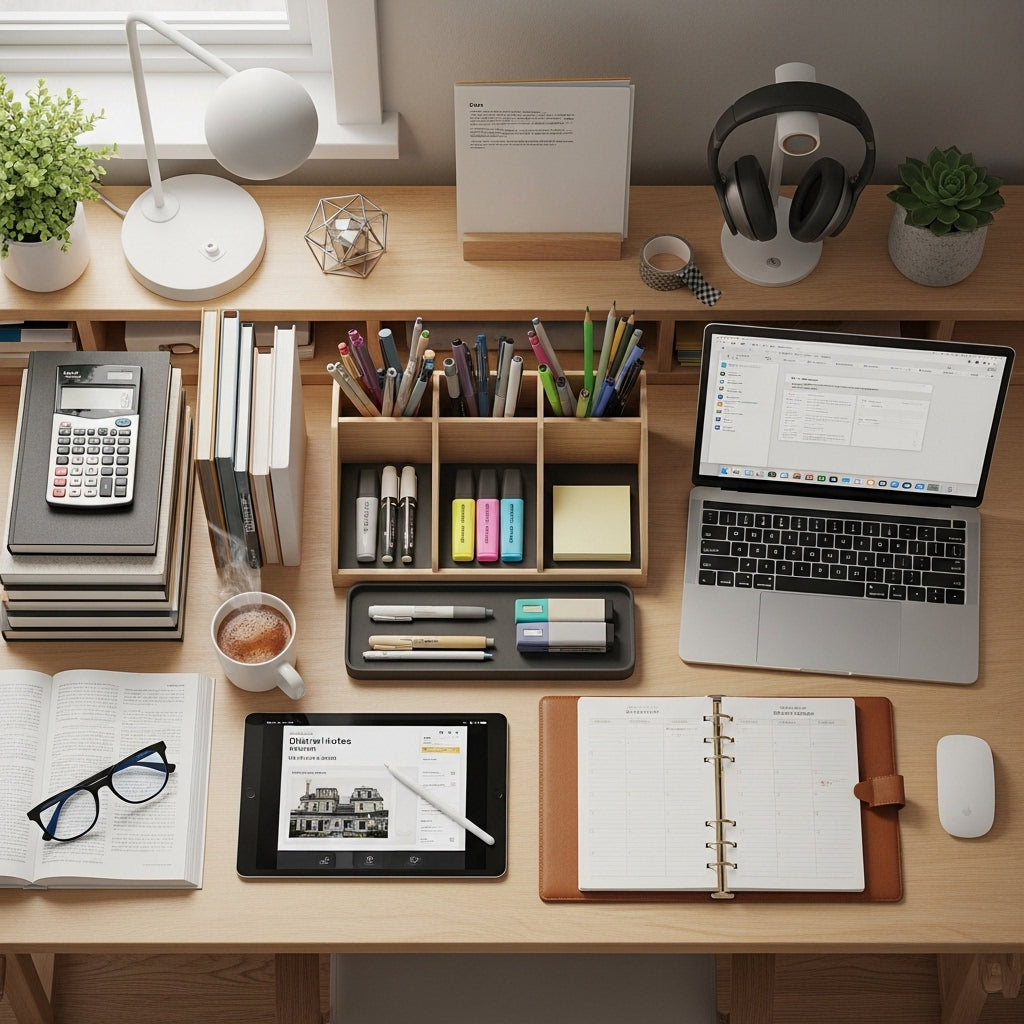 Study and office supplies including stationery for students and professionals