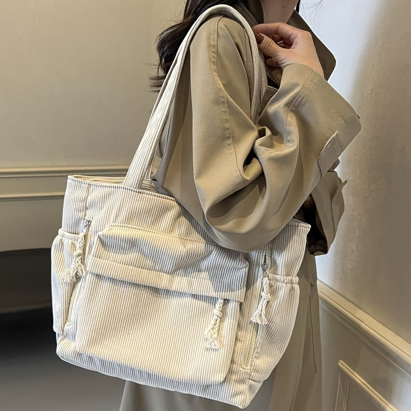 Travel Master Corduroy Shoulder Bag Casual Solid Color with Multiple Pocket Tote Bag For Women