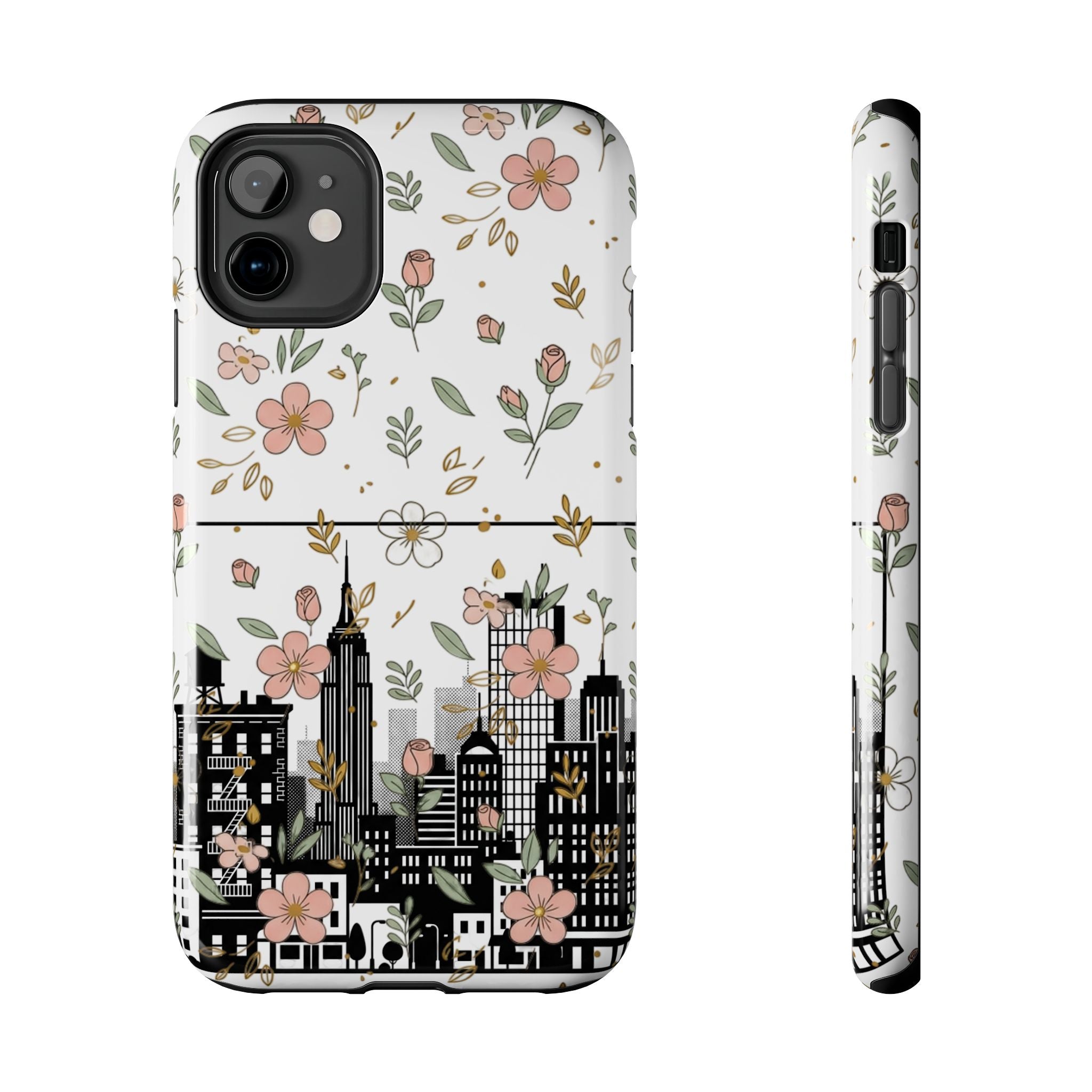 Floral Cityscape Tough Phone Case — Pink Blossom Urban Protective Cover