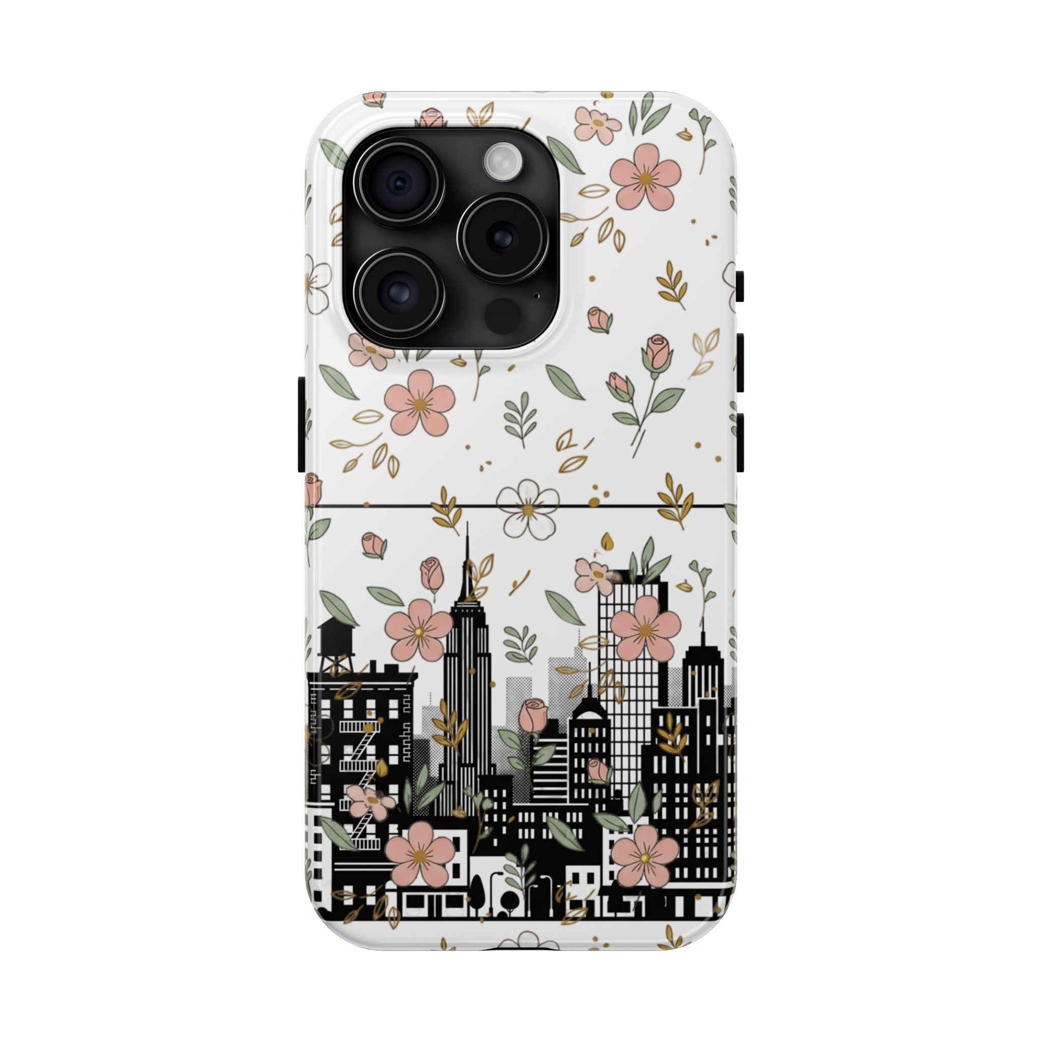 Floral Cityscape Tough Phone Case — Pink Blossom Urban Protective Cover