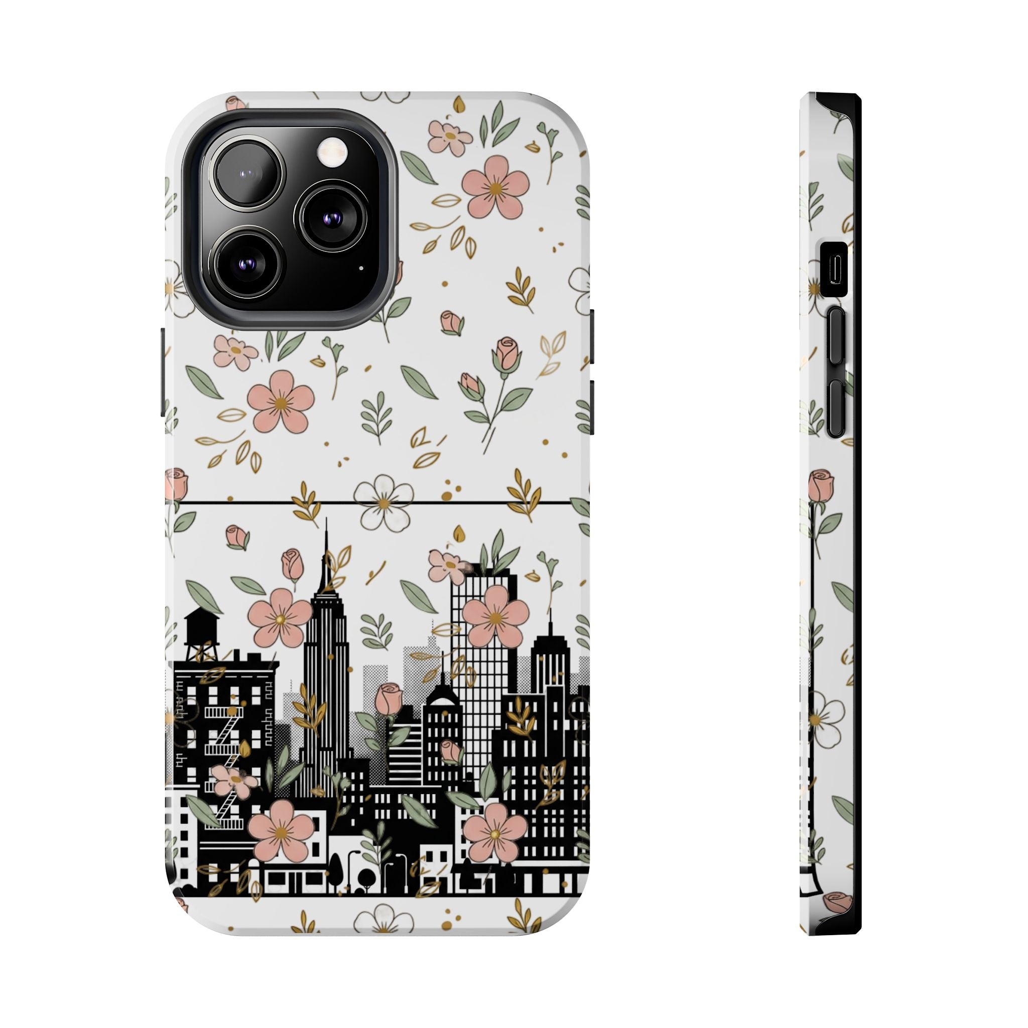 Floral Cityscape Tough Phone Case — Pink Blossom Urban Protective Cover