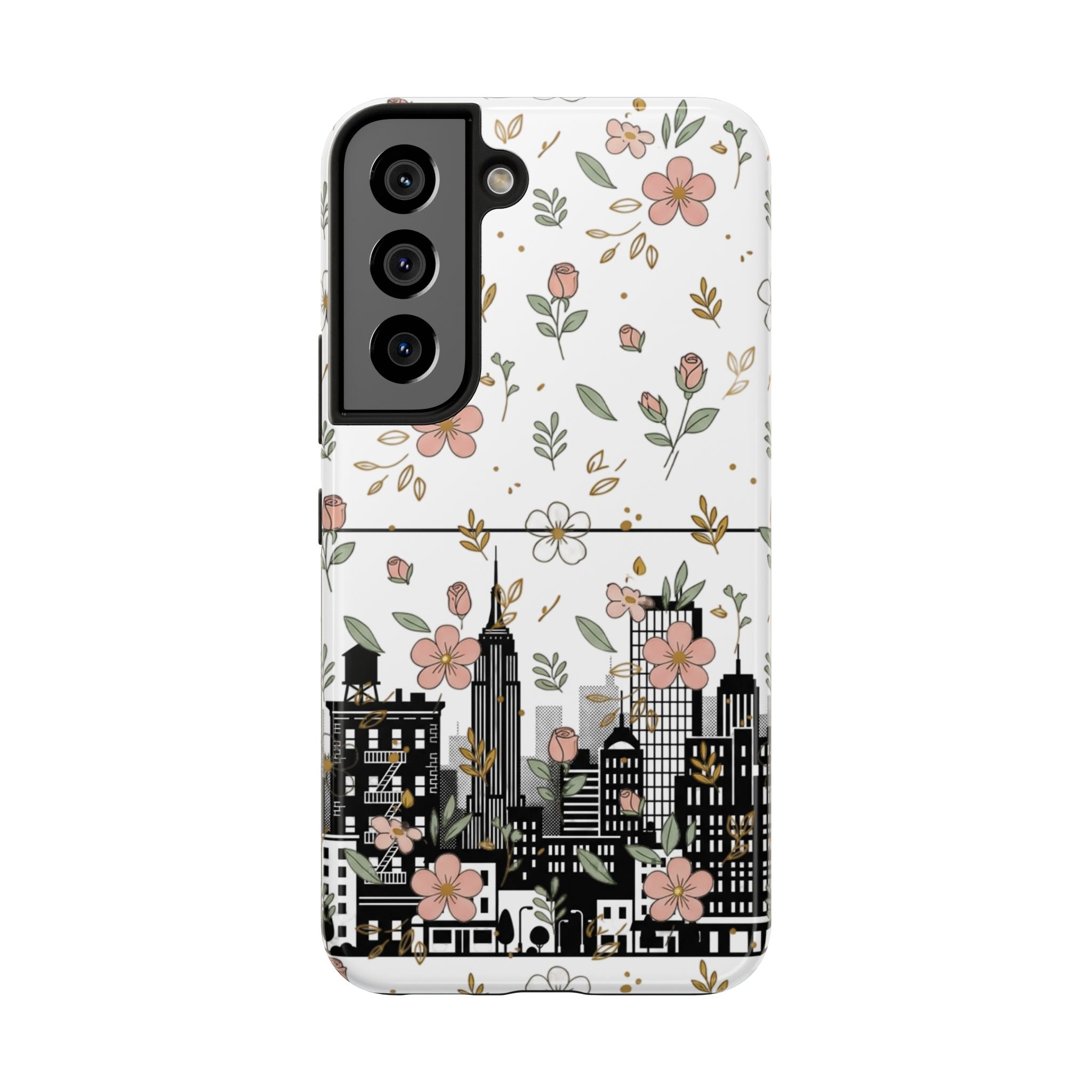 Floral Cityscape Tough Phone Case — Pink Blossom Urban Protective Cover