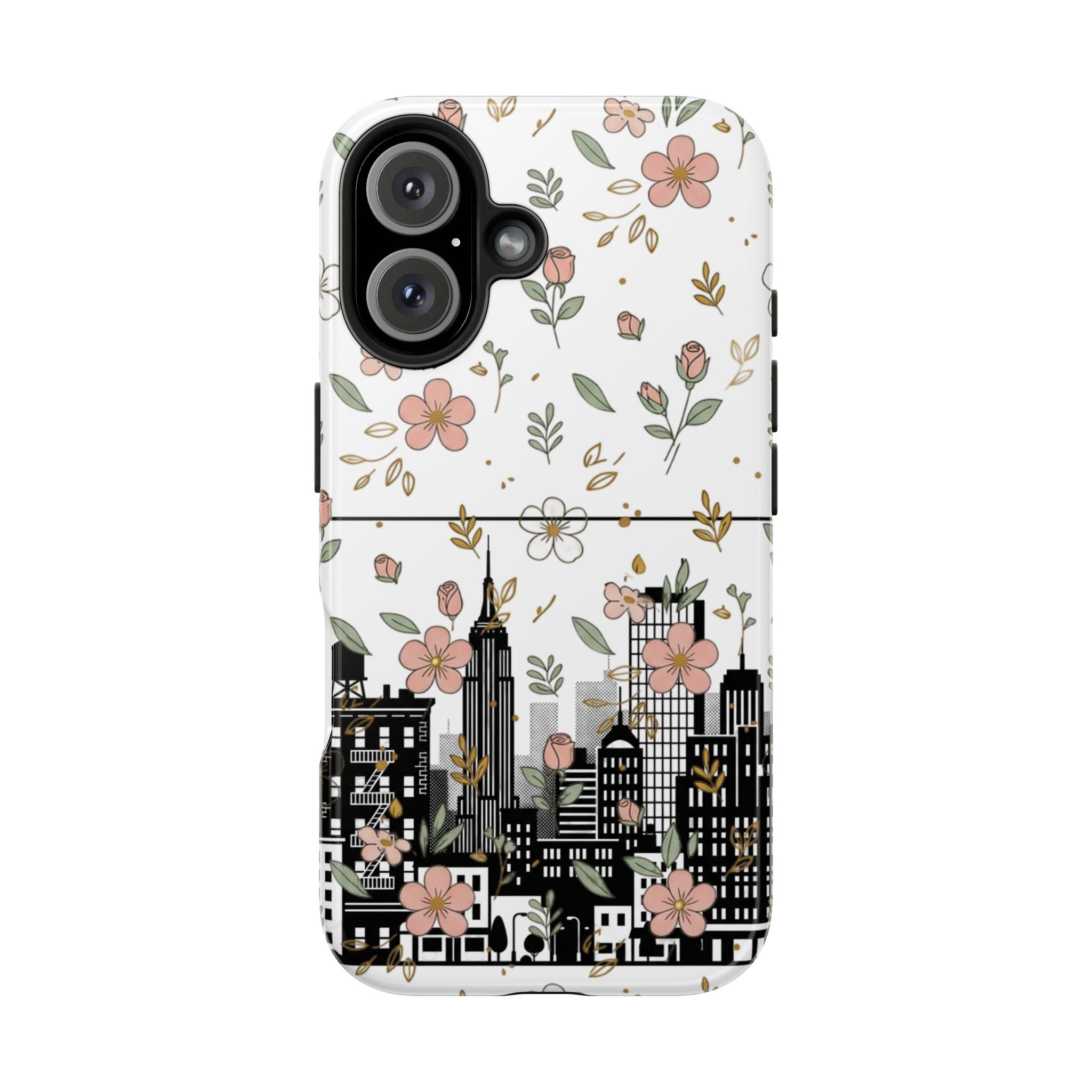 Floral Cityscape Tough Phone Case — Pink Blossom Urban Protective Cover