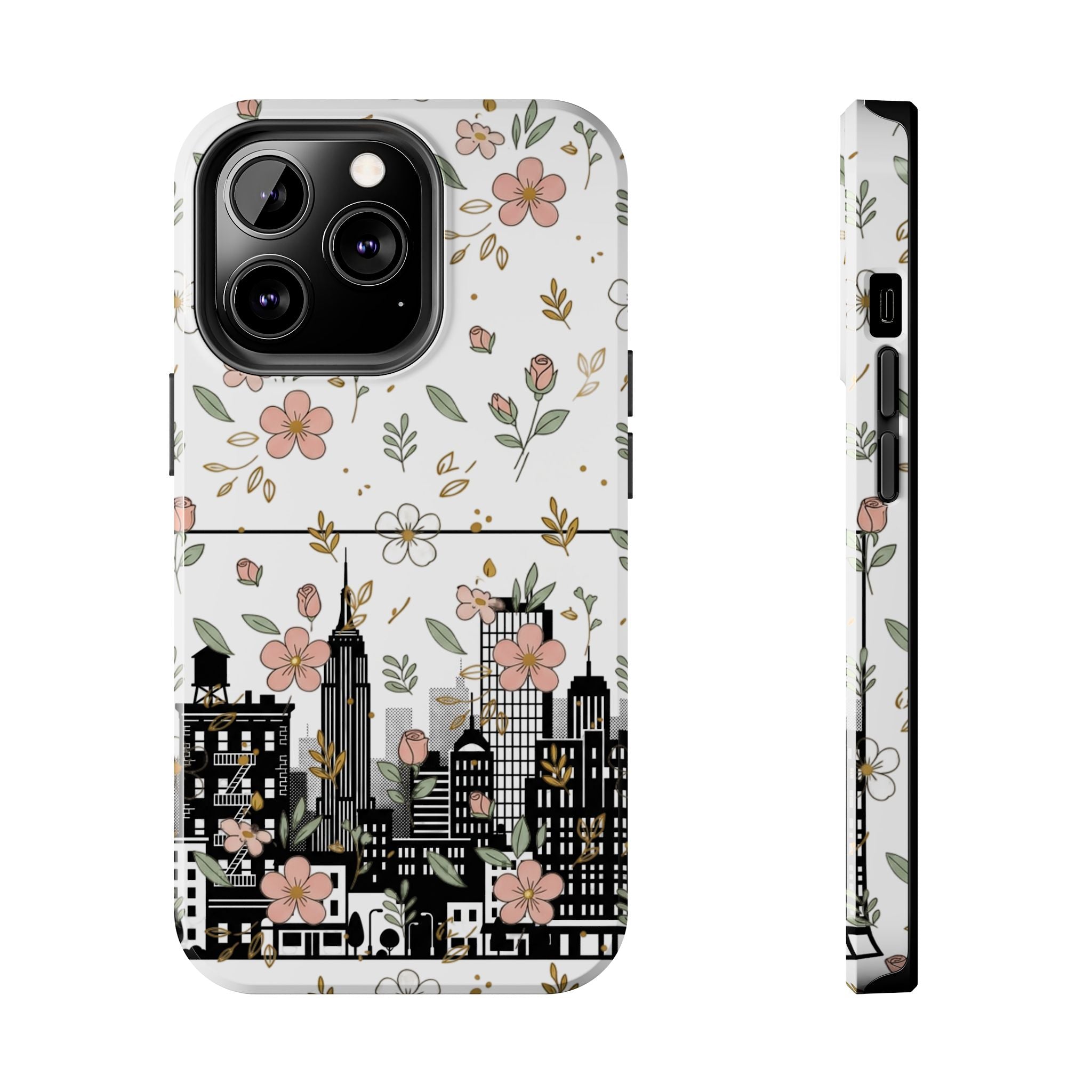 Floral Cityscape Tough Phone Case — Pink Blossom Urban Protective Cover