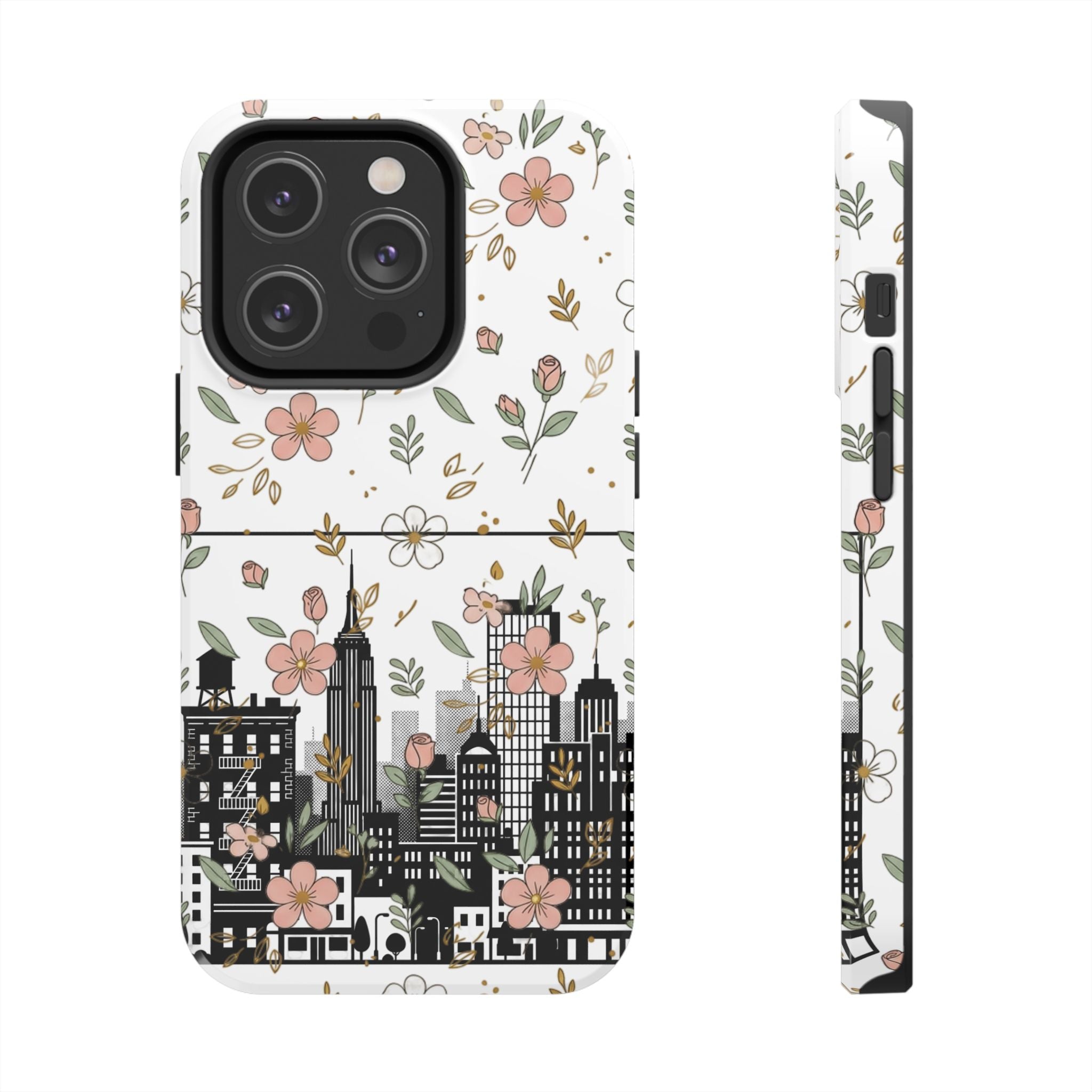 Floral Cityscape Tough Phone Case — Pink Blossom Urban Protective Cover