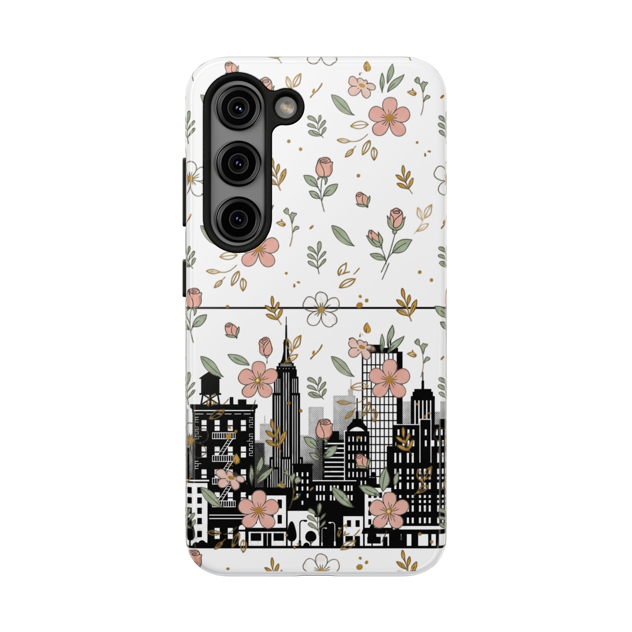 Floral Cityscape Tough Phone Case — Pink Blossom Urban Protective Cover