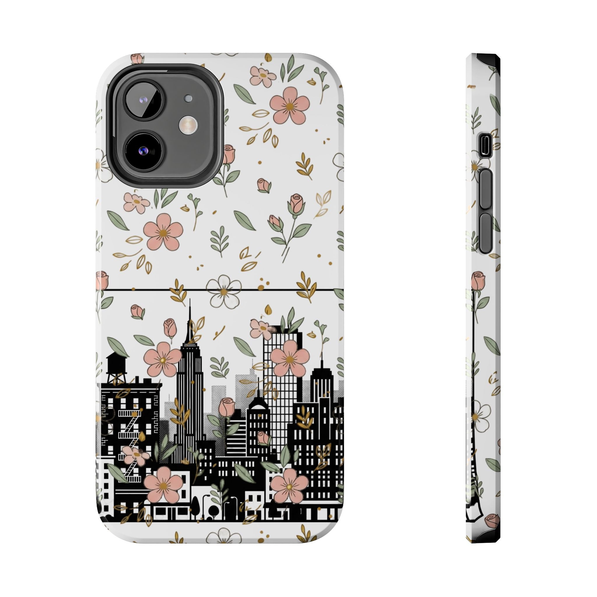 Floral Cityscape Tough Phone Case — Pink Blossom Urban Protective Cover