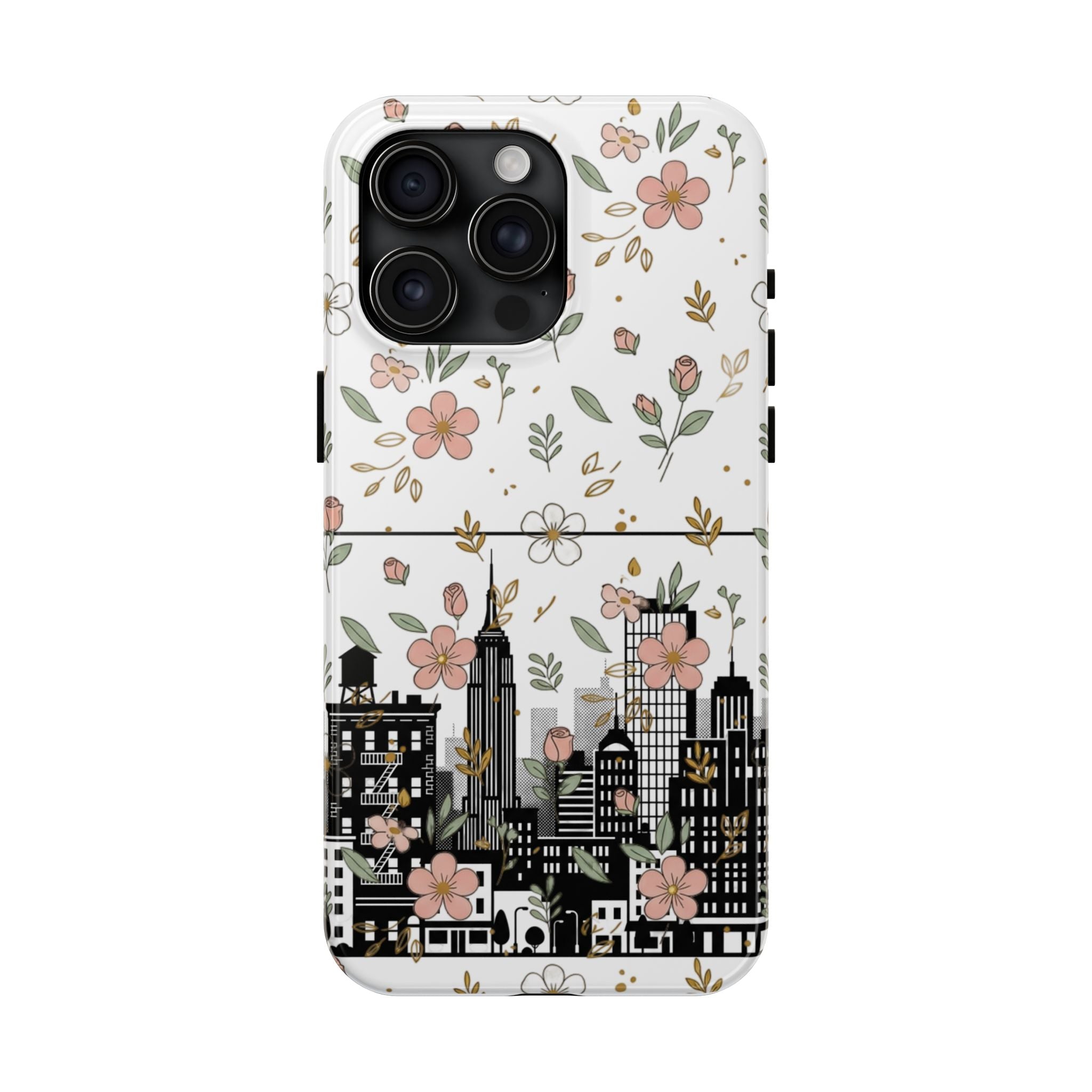 Floral Cityscape Tough Phone Case — Pink Blossom Urban Protective Cover