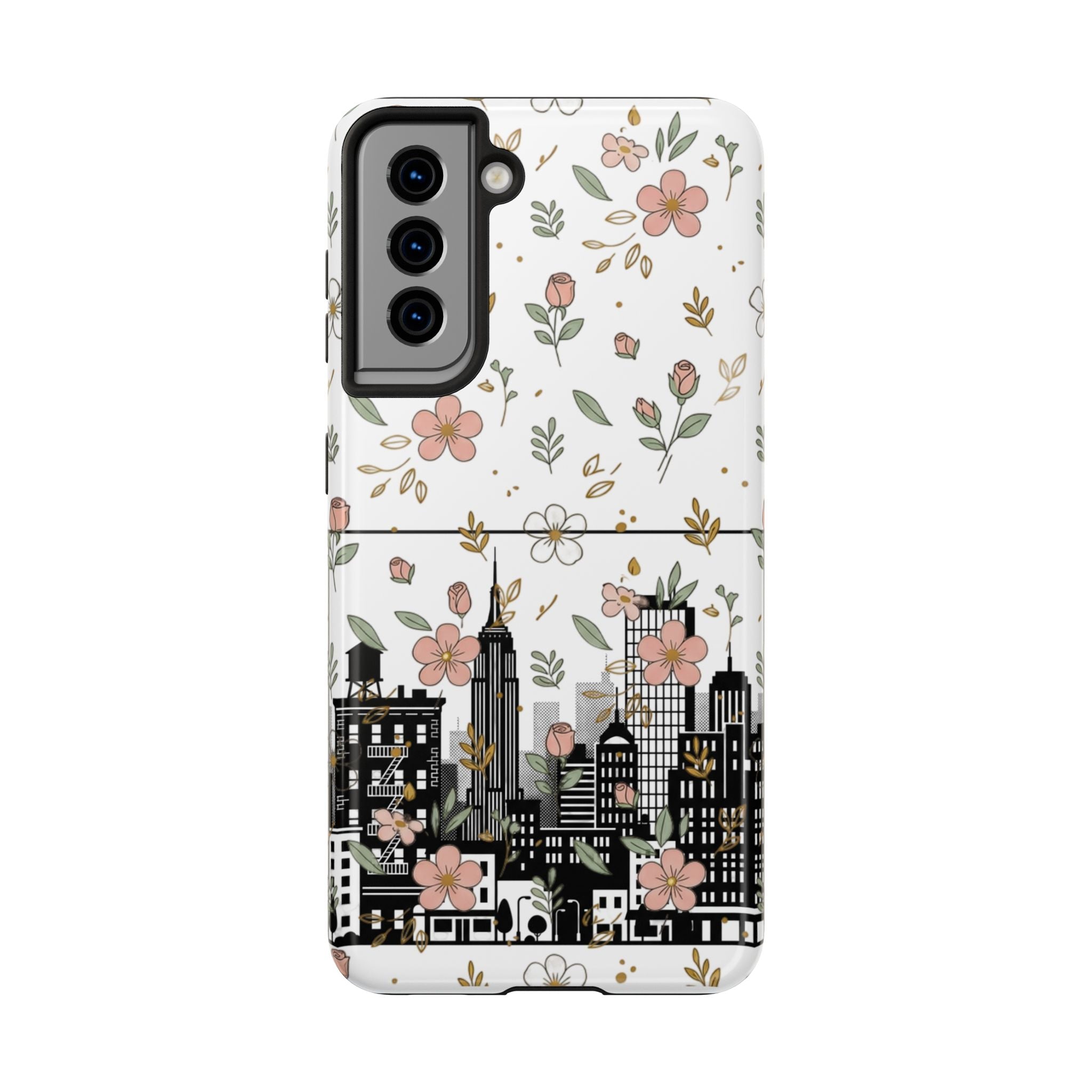 Floral Cityscape Tough Phone Case — Pink Blossom Urban Protective Cover