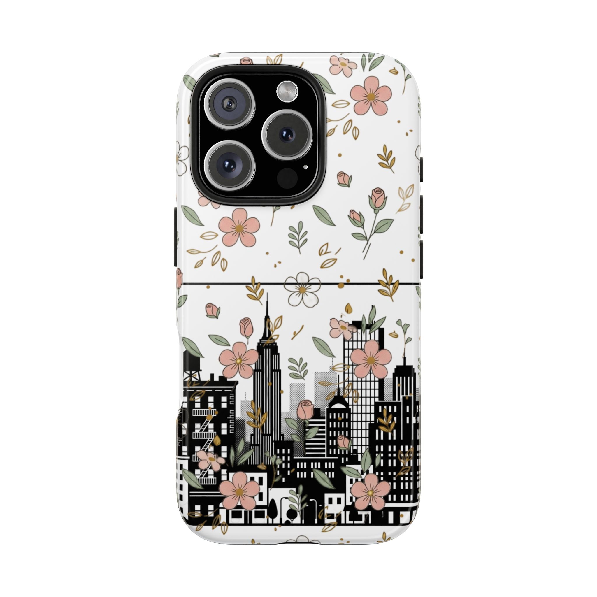 Floral Cityscape Tough Phone Case — Pink Blossom Urban Protective Cover