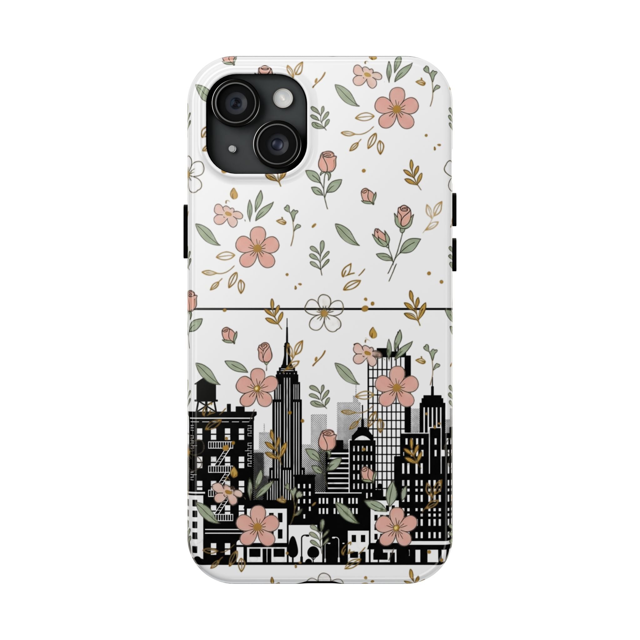 Floral Cityscape Tough Phone Case — Pink Blossom Urban Protective Cover