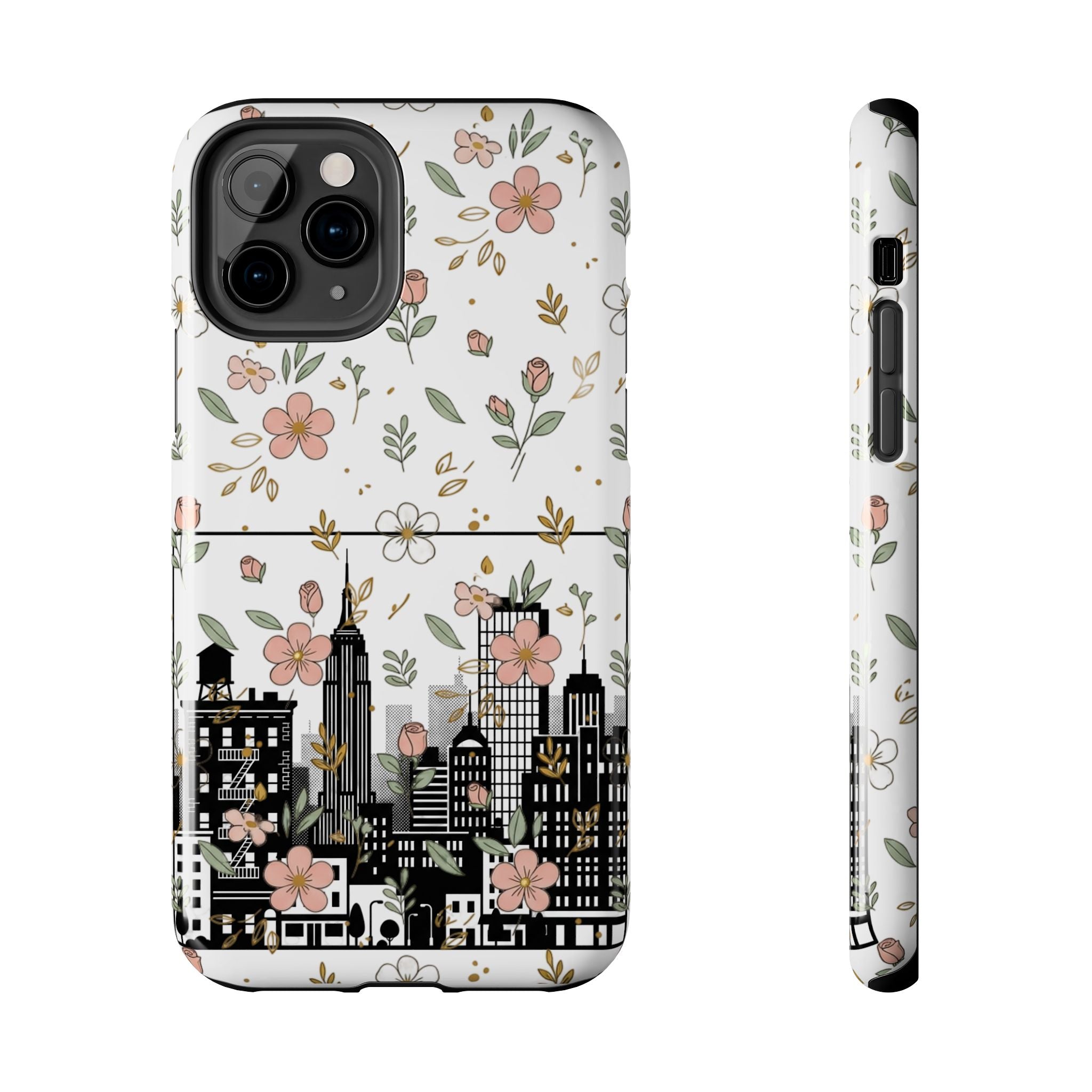 Floral Cityscape Tough Phone Case — Pink Blossom Urban Protective Cover