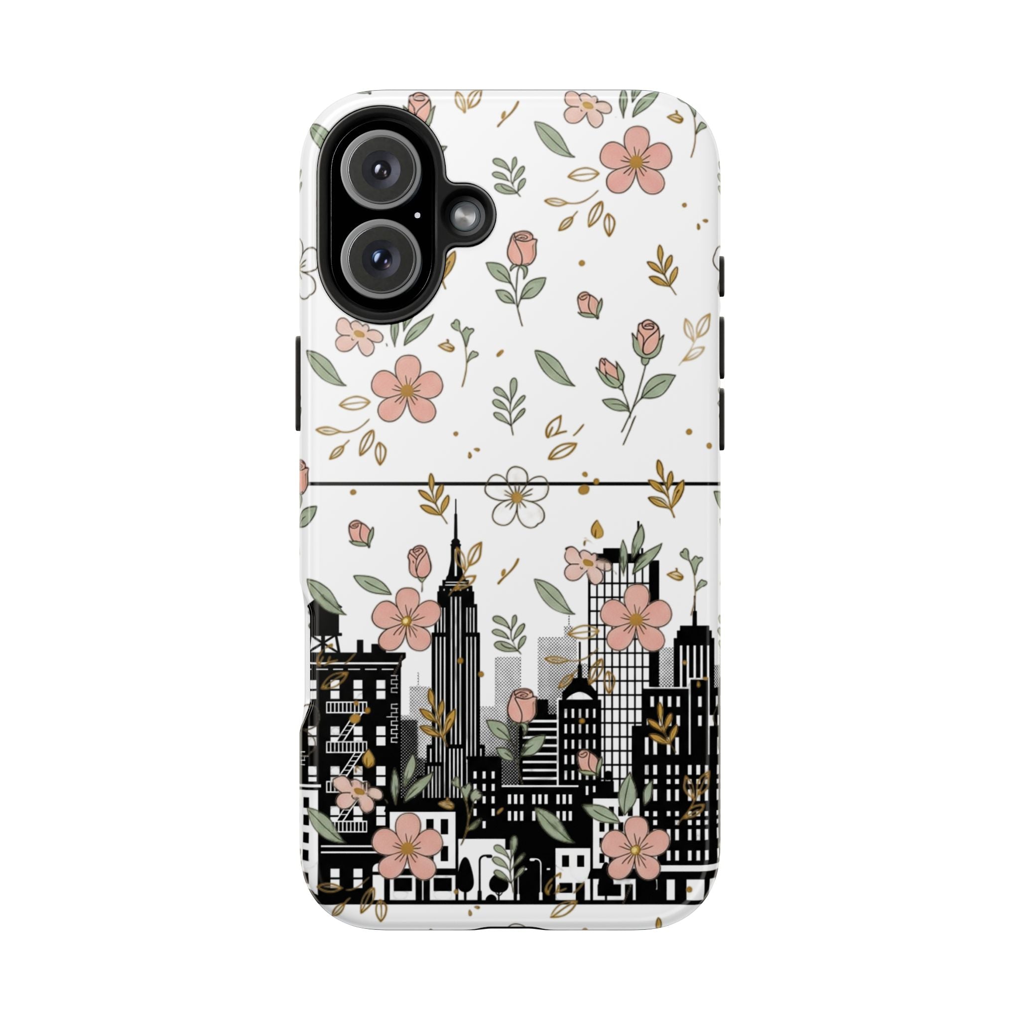 Floral Cityscape Tough Phone Case — Pink Blossom Urban Protective Cover