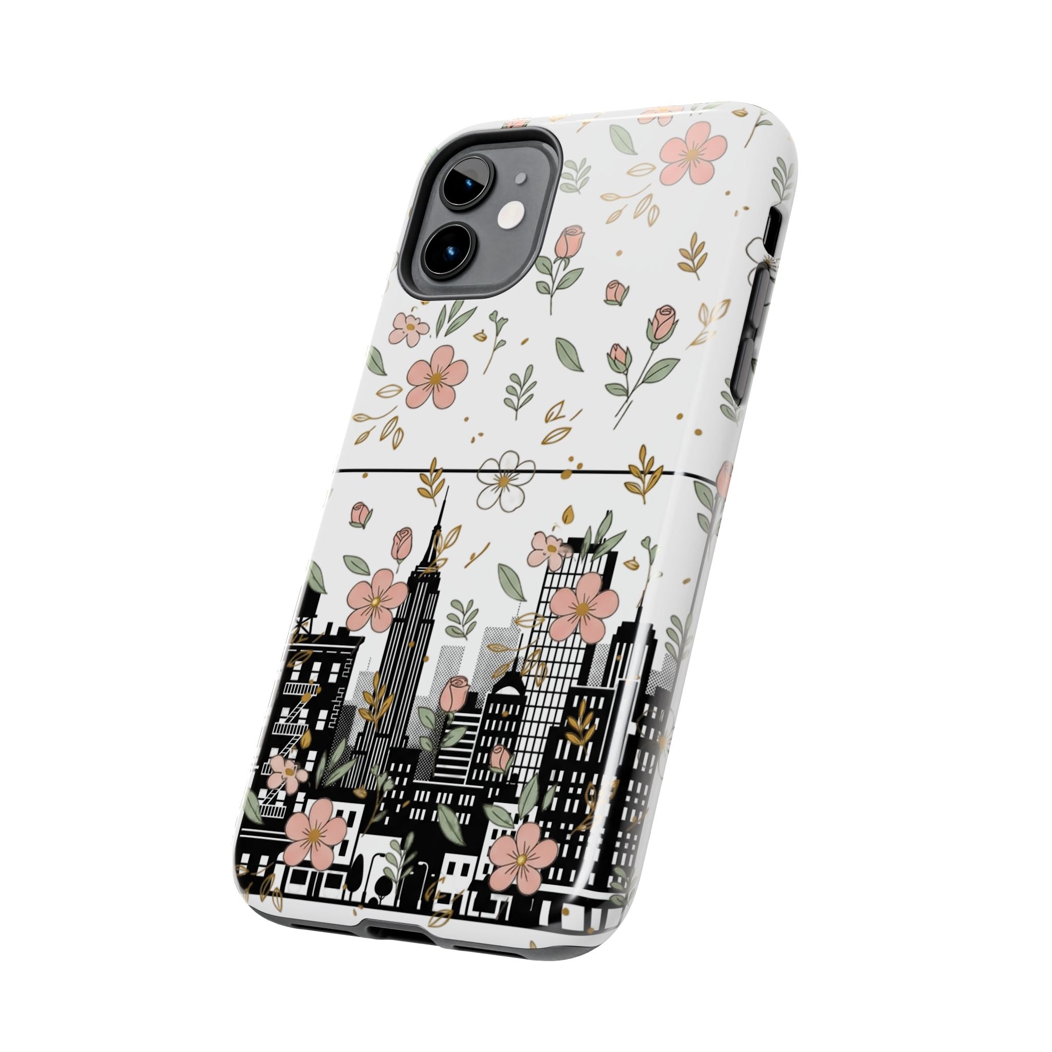 Floral Cityscape Tough Phone Case — Pink Blossom Urban Protective Cover