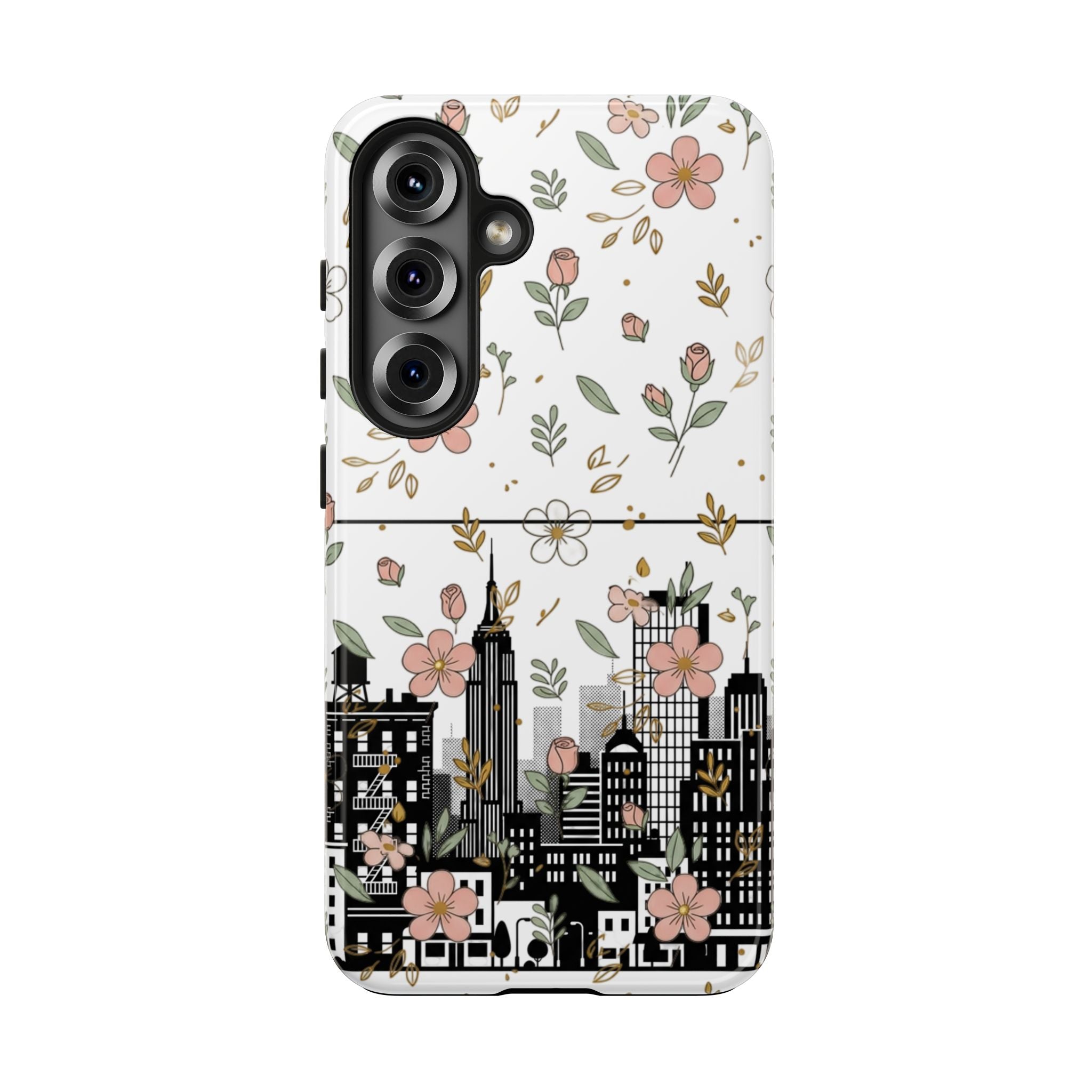 Floral Cityscape Tough Phone Case — Pink Blossom Urban Protective Cover