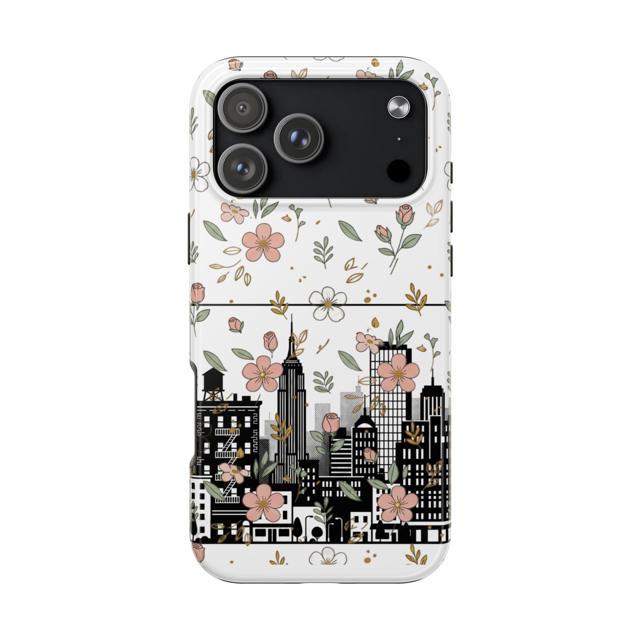 Floral Cityscape Tough Phone Case — Pink Blossom Urban Protective Cover