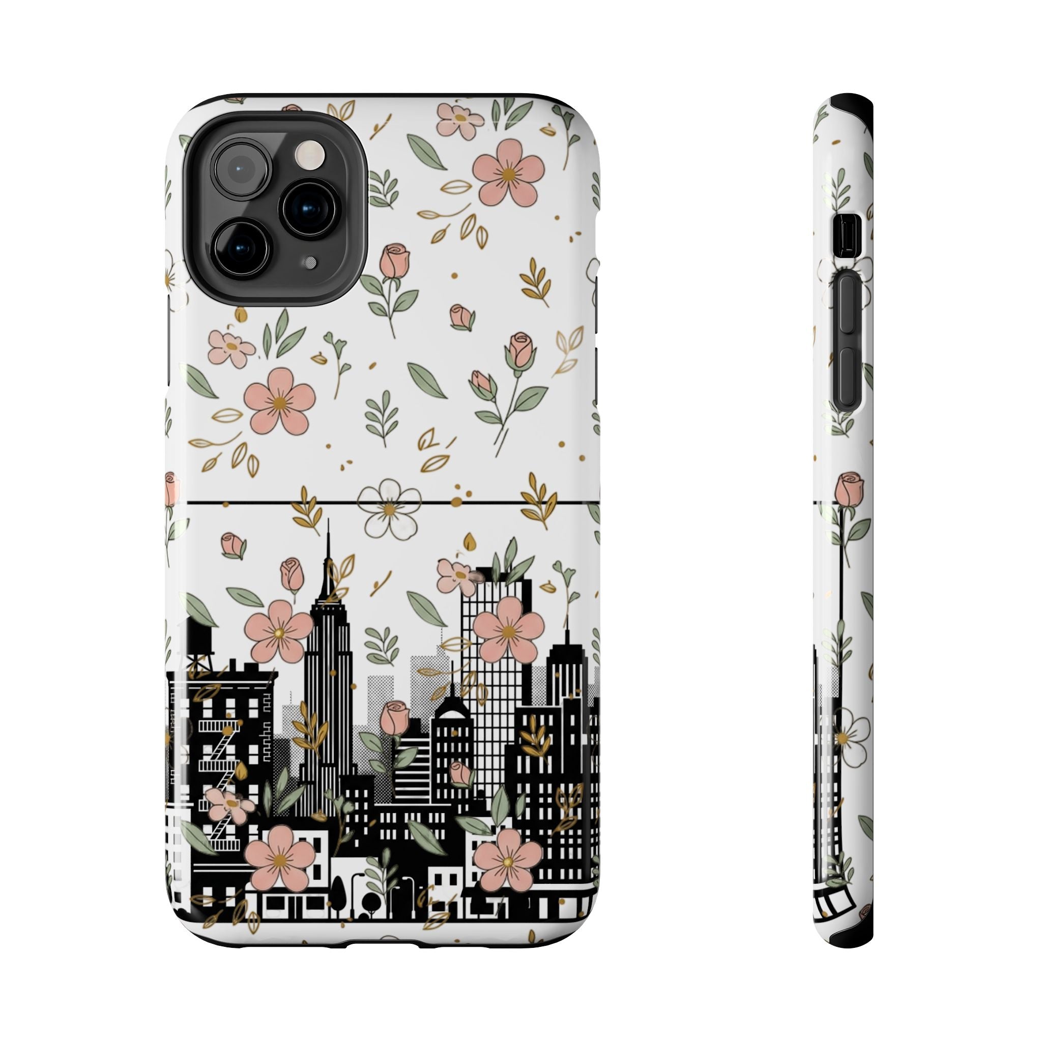 Floral Cityscape Tough Phone Case — Pink Blossom Urban Protective Cover
