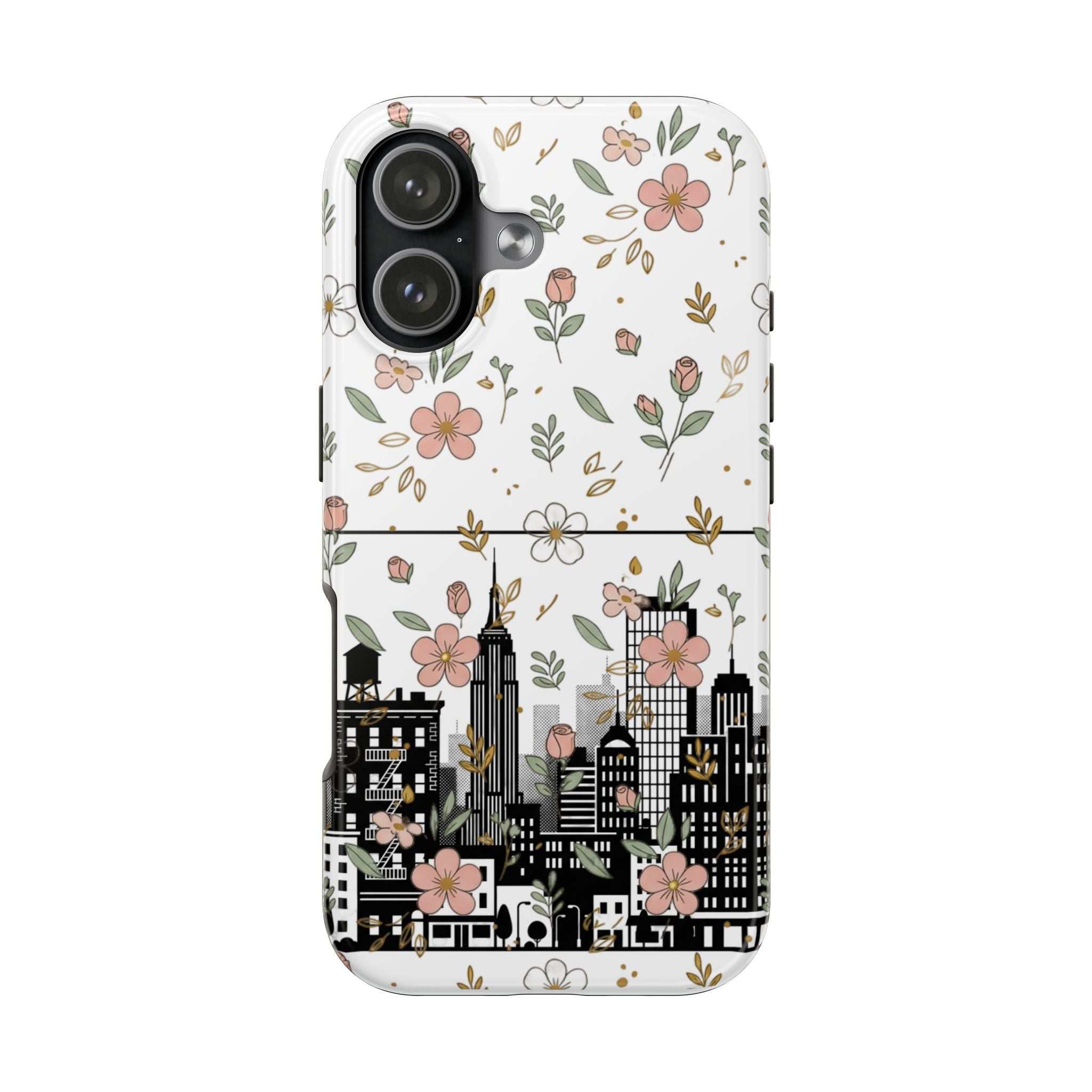 Floral Cityscape Tough Phone Case — Pink Blossom Urban Protective Cover