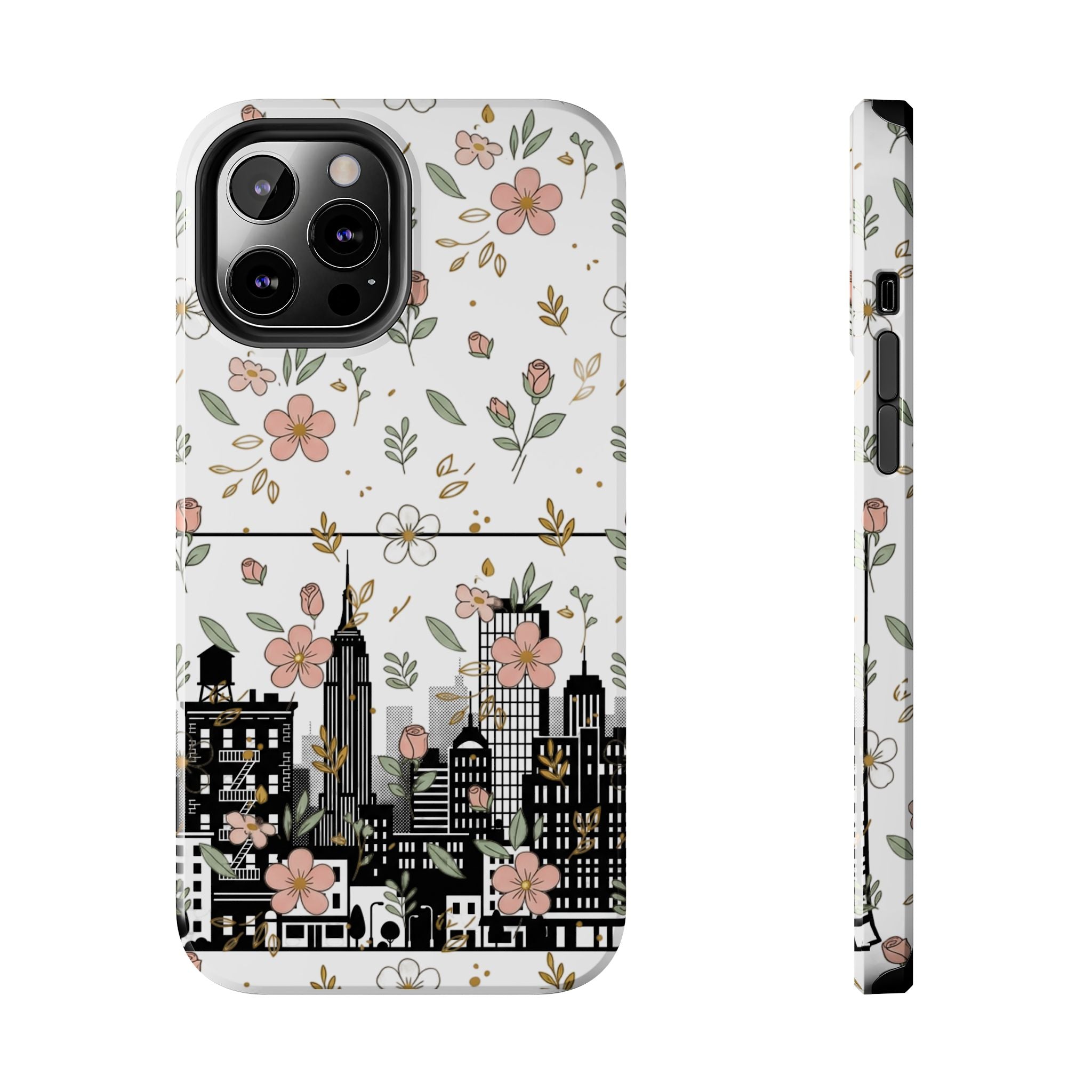 Floral Cityscape Tough Phone Case — Pink Blossom Urban Protective Cover