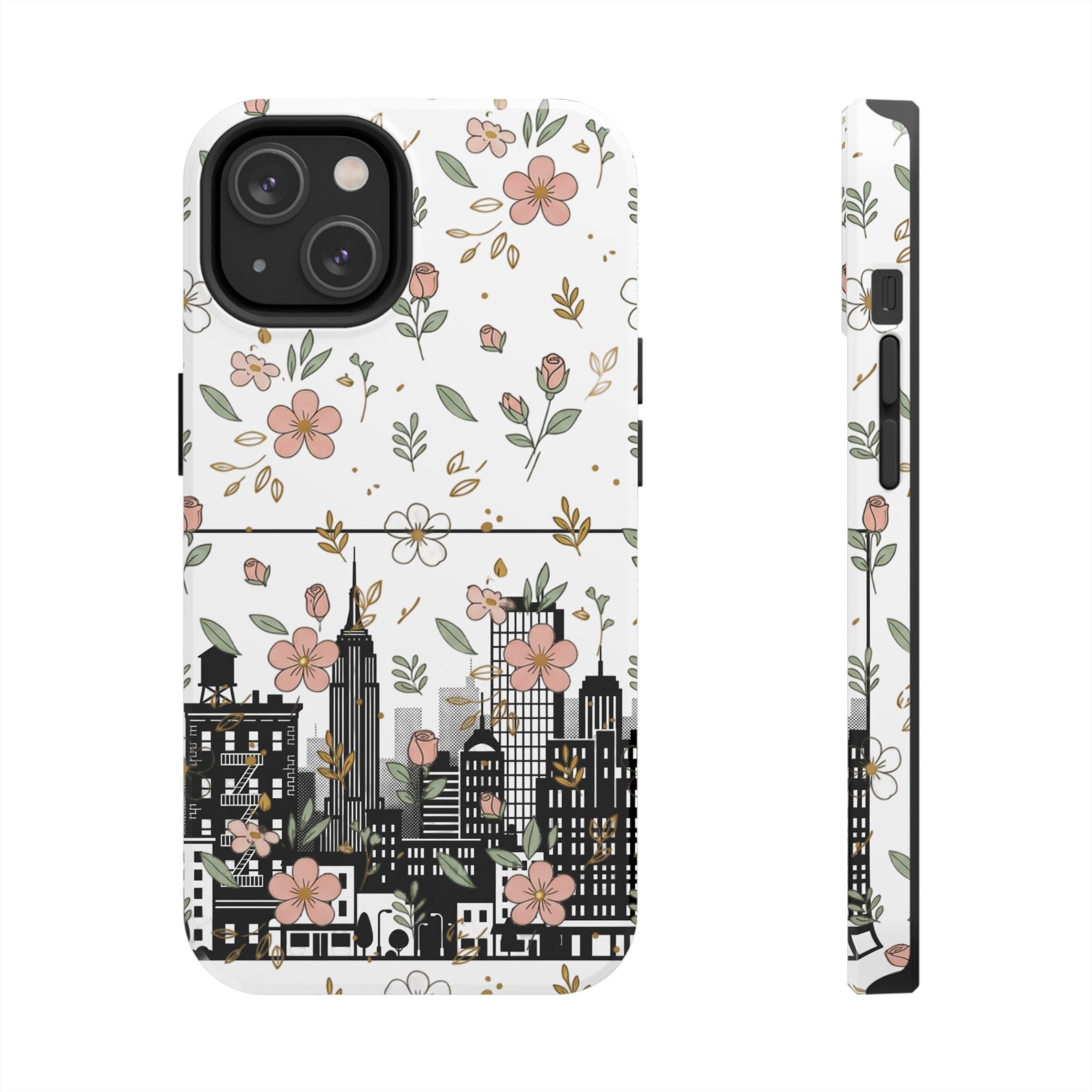 Floral Cityscape Tough Phone Case — Pink Blossom Urban Protective Cover