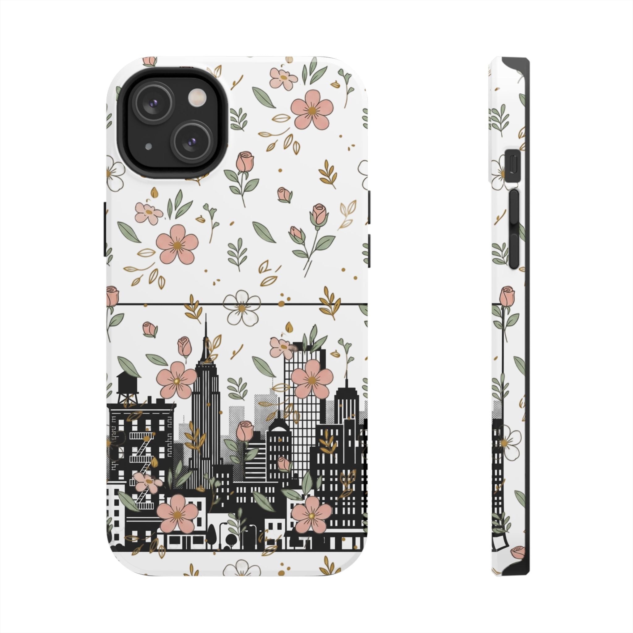 Floral Cityscape Tough Phone Case — Pink Blossom Urban Protective Cover