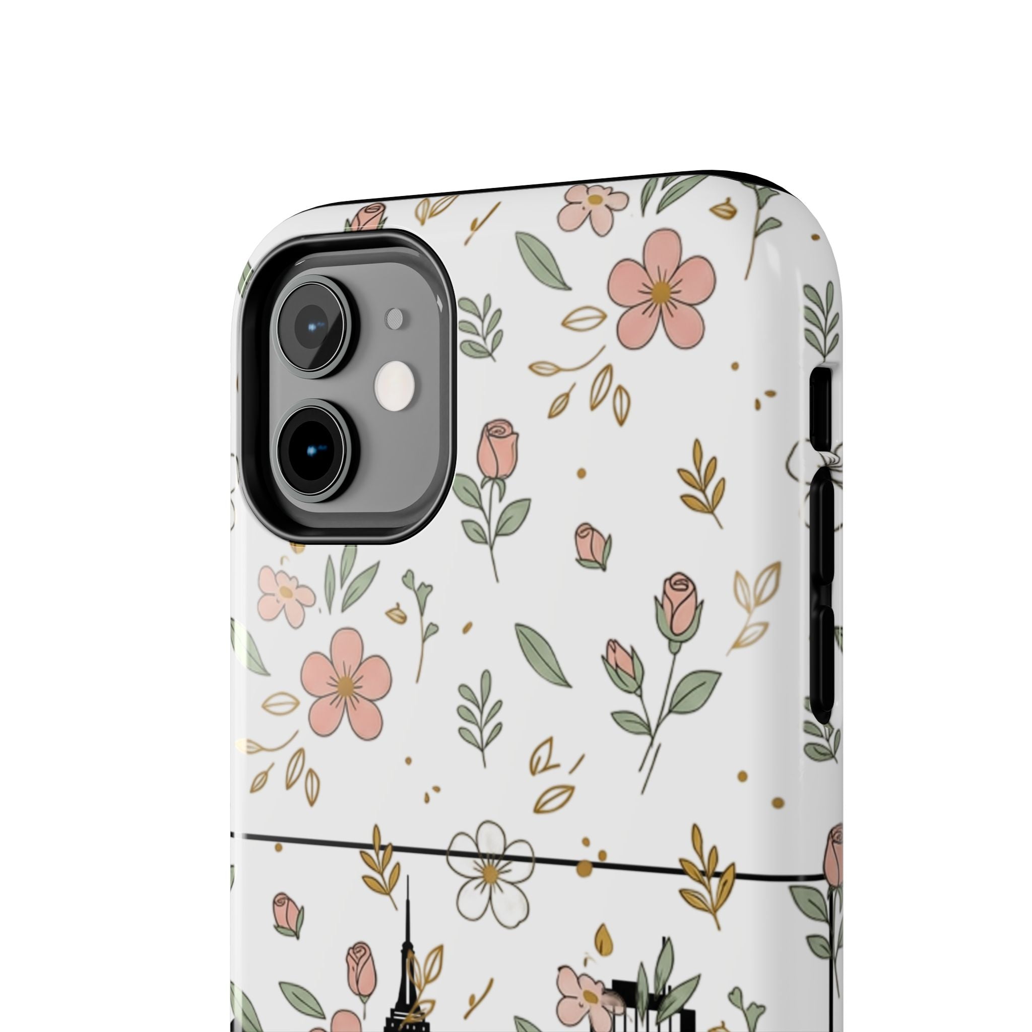 Floral Cityscape Tough Phone Case — Pink Blossom Urban Protective Cover