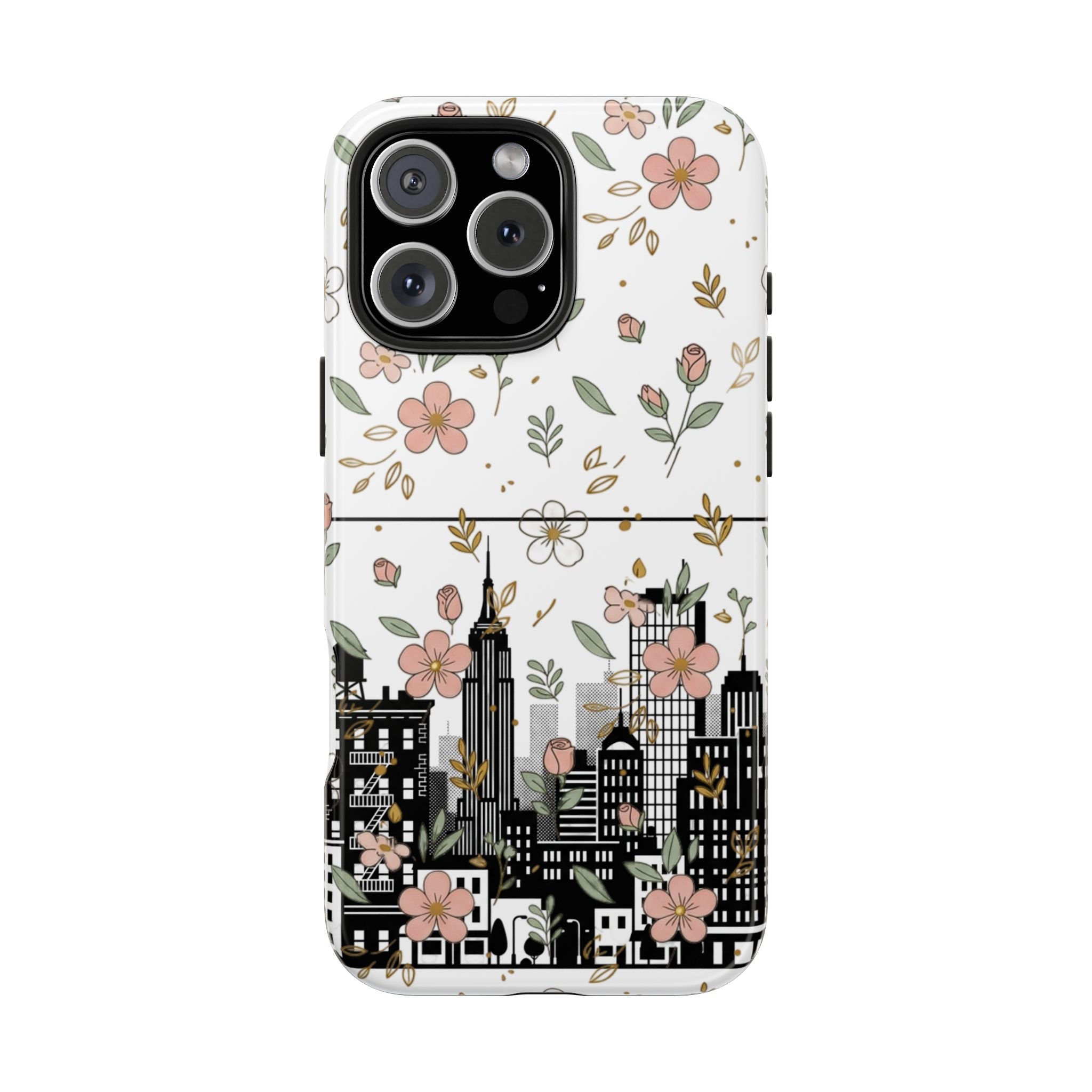 Floral Cityscape Tough Phone Case — Pink Blossom Urban Protective Cover