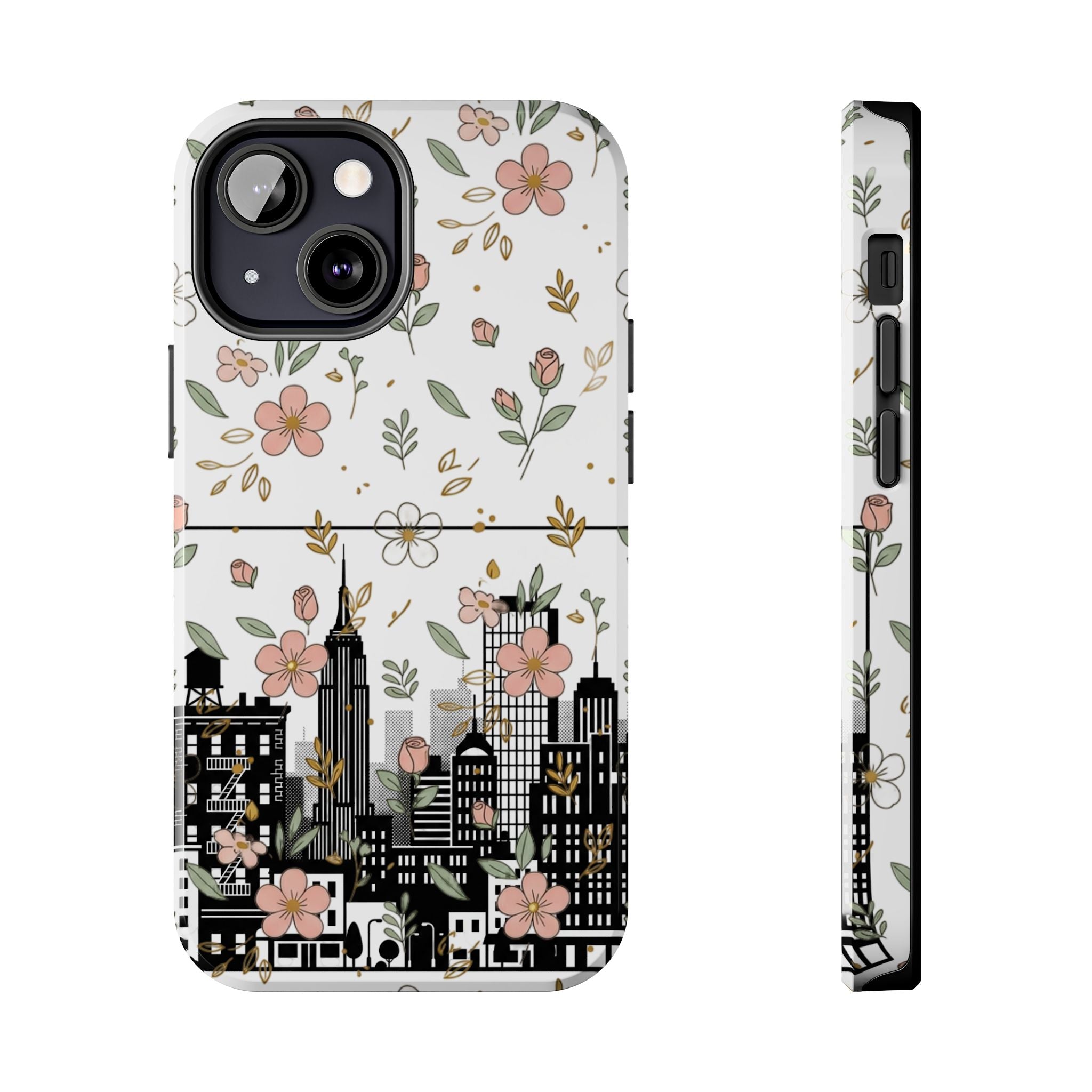 Floral Cityscape Tough Phone Case — Pink Blossom Urban Protective Cover