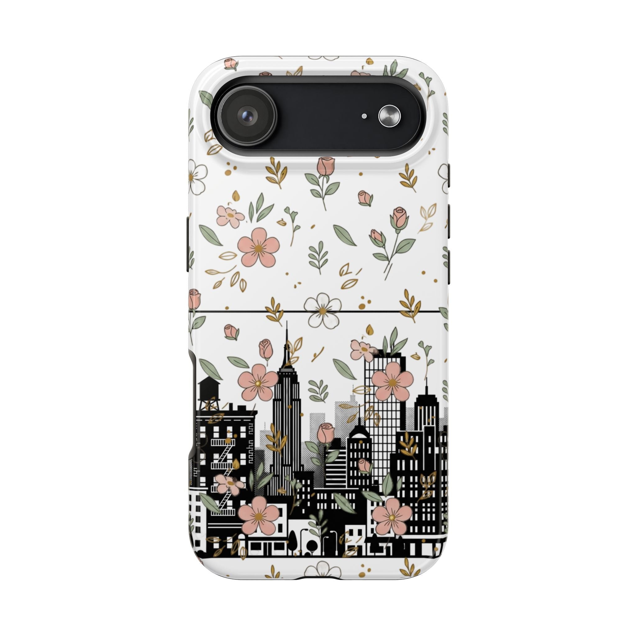 Floral Cityscape Tough Phone Case — Pink Blossom Urban Protective Cover