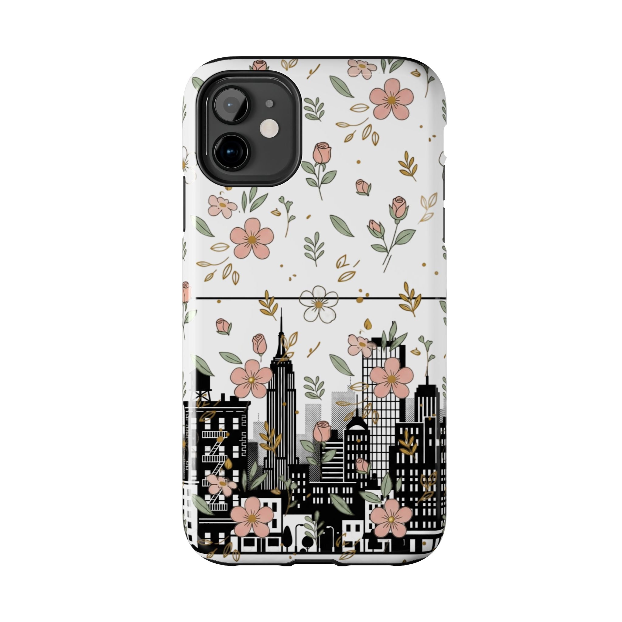 Floral Cityscape Tough Phone Case — Pink Blossom Urban Protective Cover
