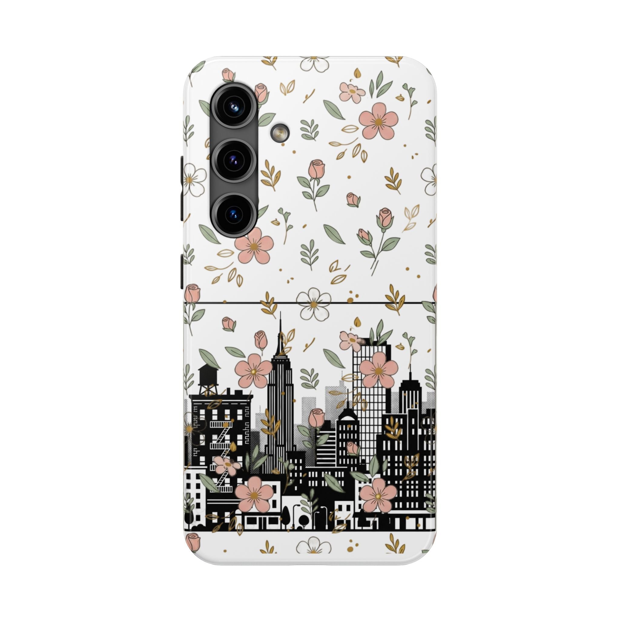 Floral Cityscape Tough Phone Case — Pink Blossom Urban Protective Cover