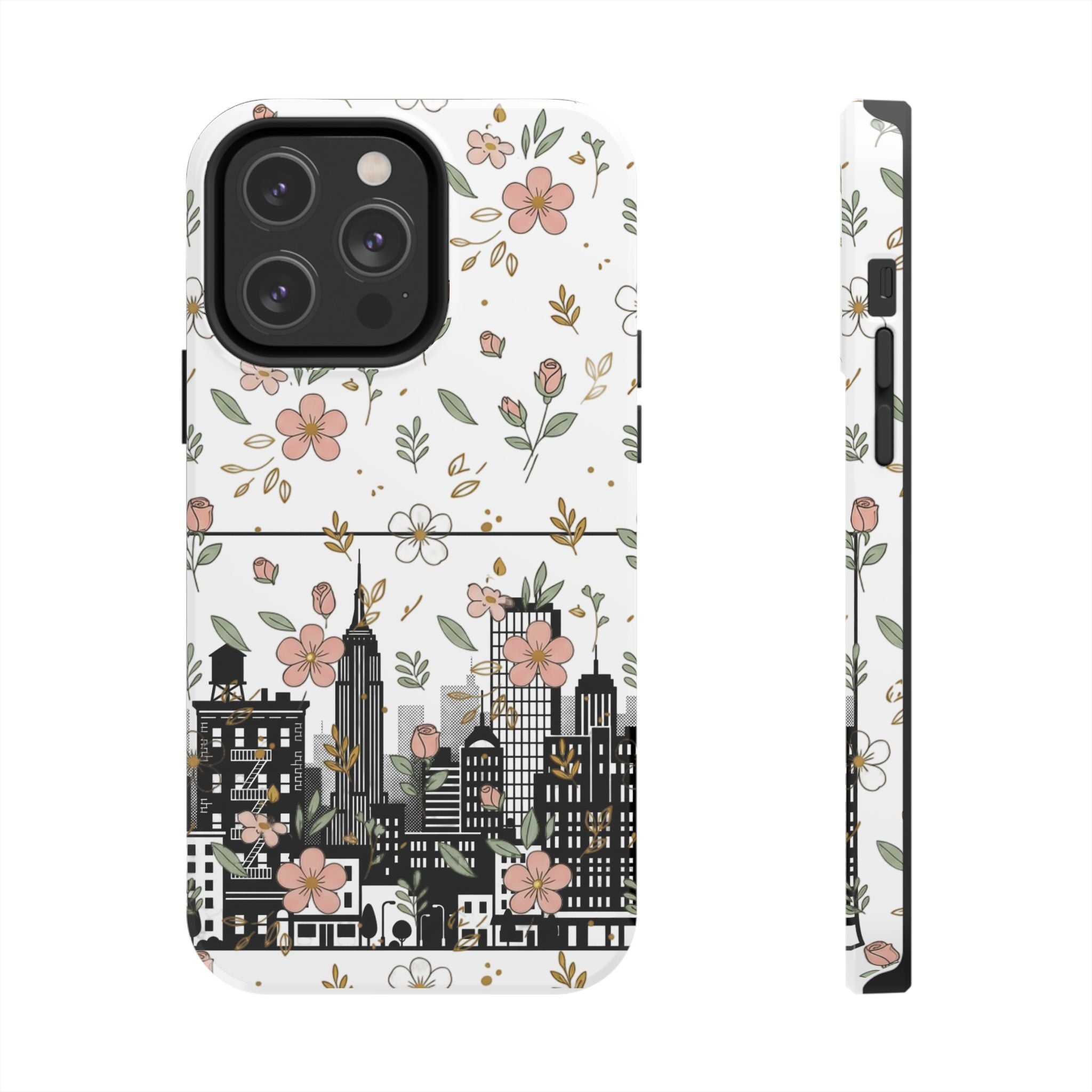 Floral Cityscape Tough Phone Case — Pink Blossom Urban Protective Cover