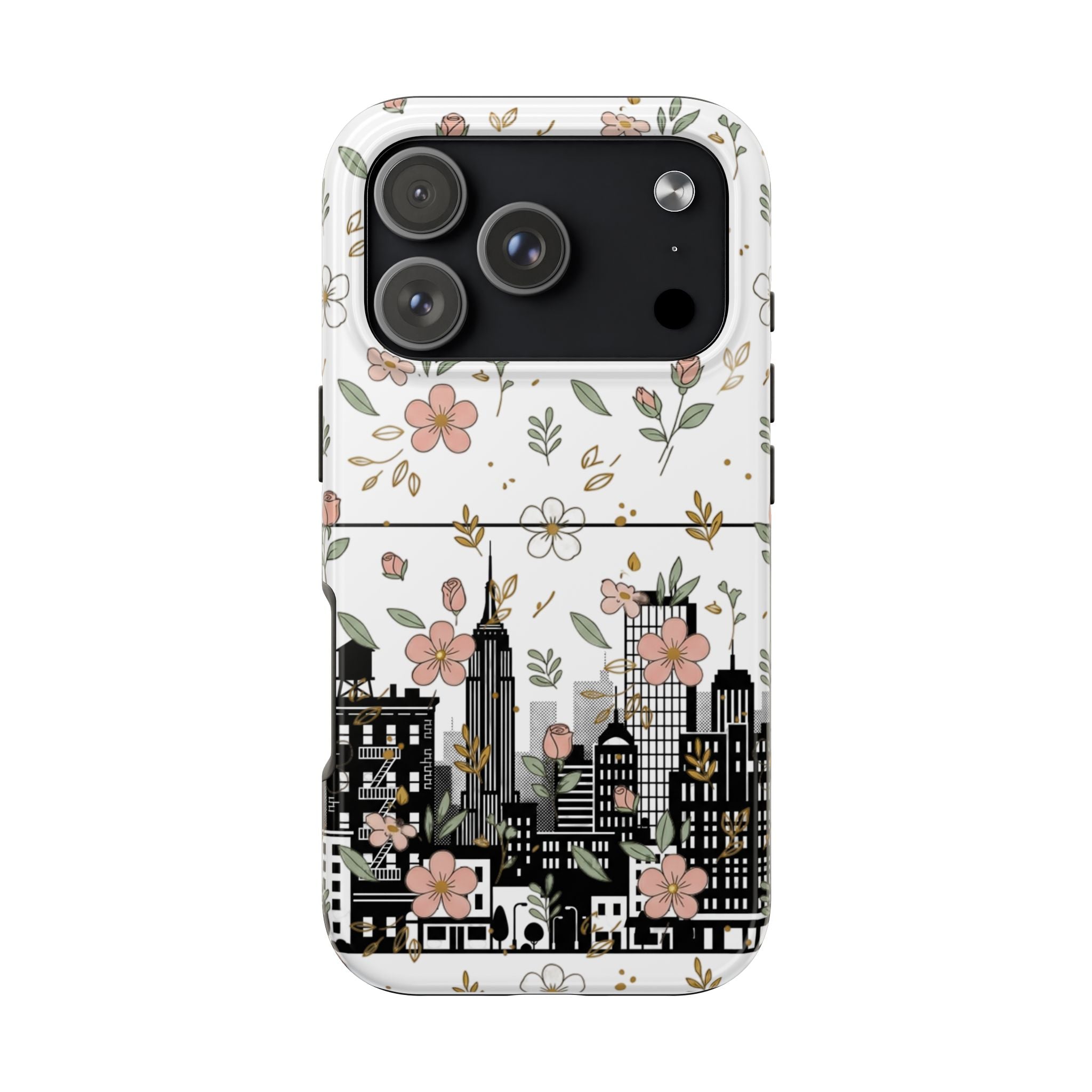 Floral Cityscape Tough Phone Case — Pink Blossom Urban Protective Cover