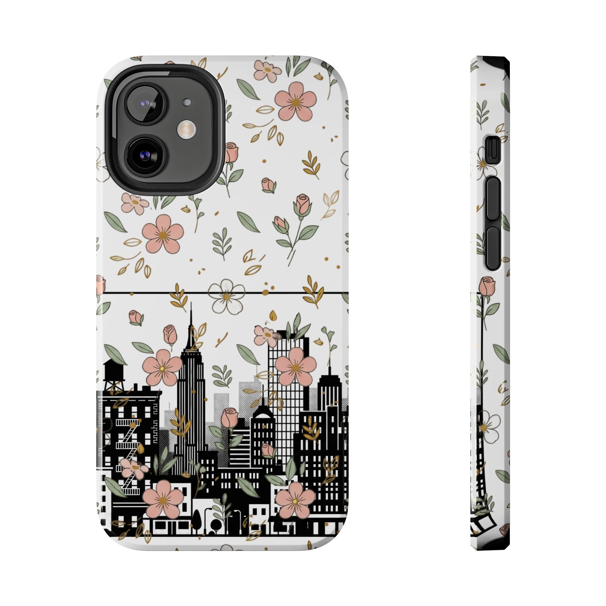 Floral Cityscape Tough Phone Case — Pink Blossom Urban Protective Cover