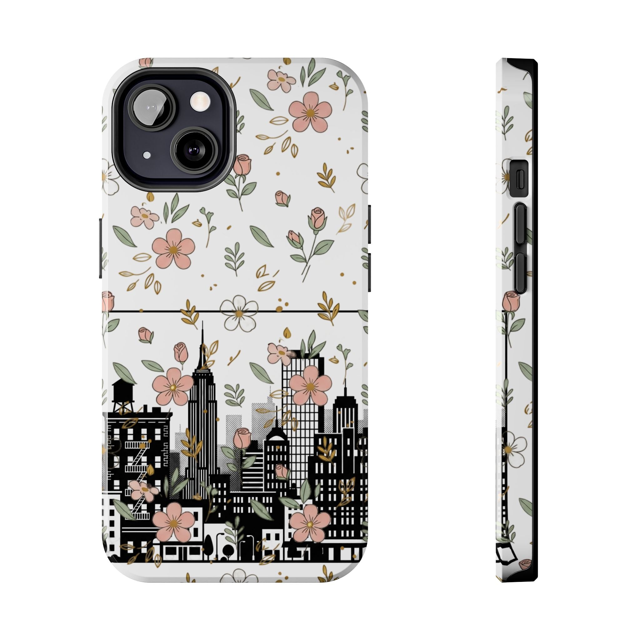 Floral Cityscape Tough Phone Case — Pink Blossom Urban Protective Cover