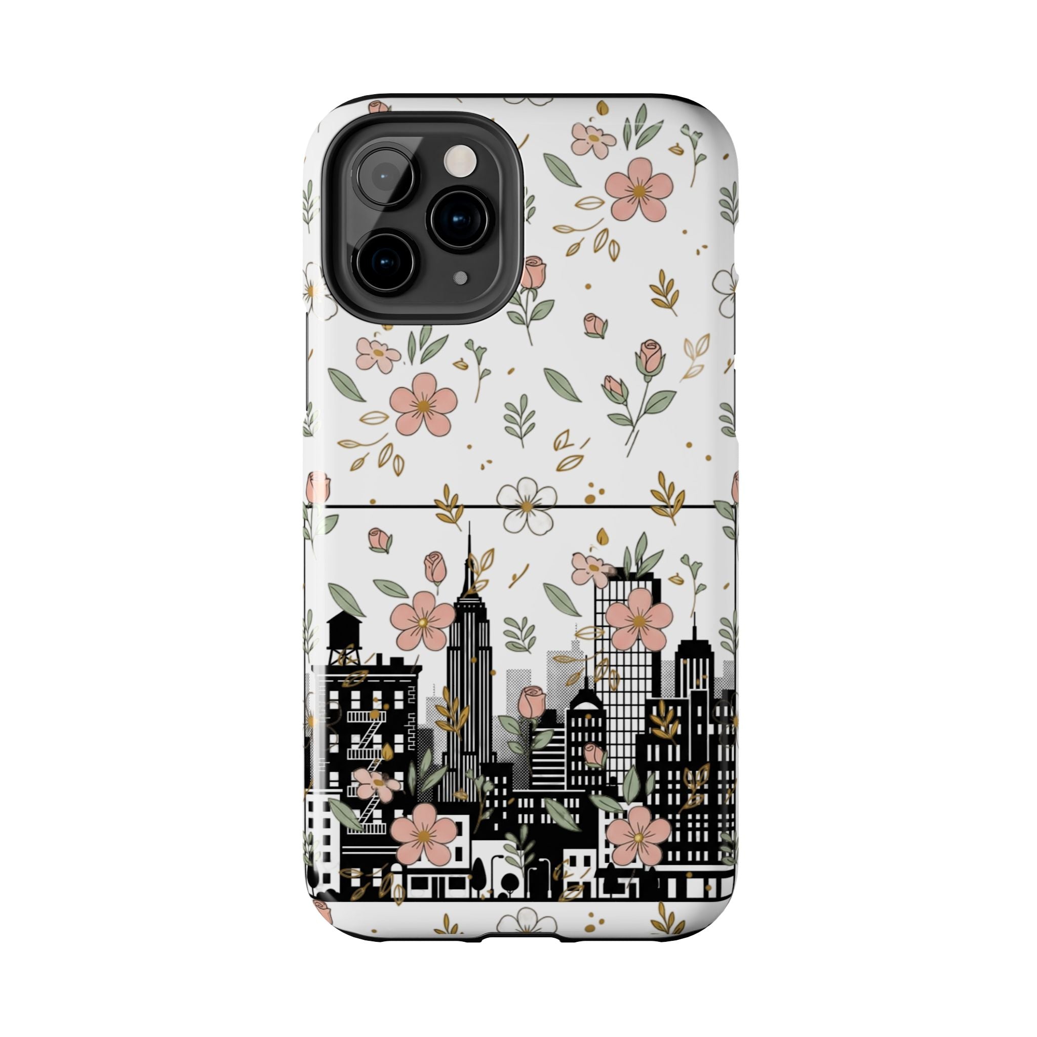 Floral Cityscape Tough Phone Case — Pink Blossom Urban Protective Cover