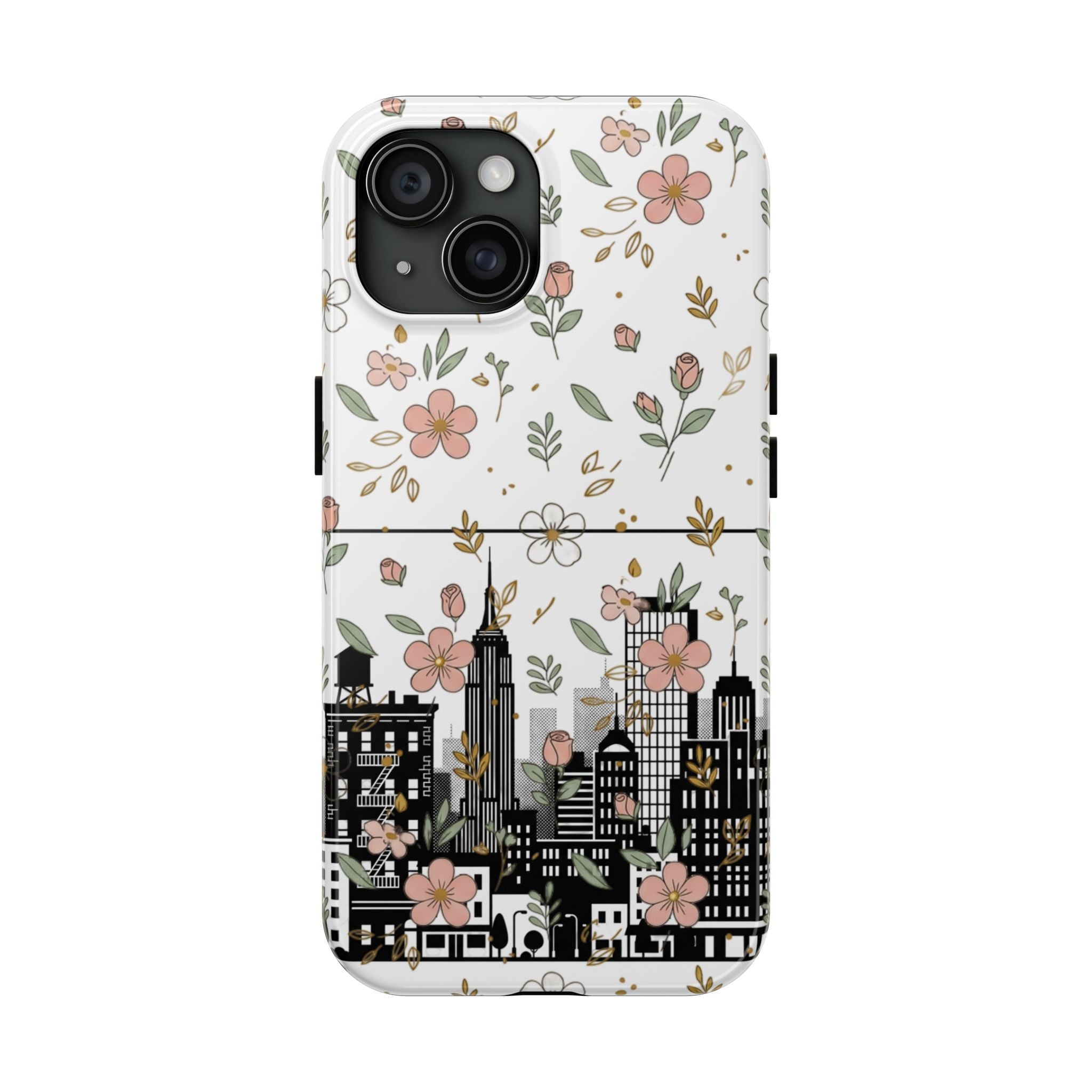 Floral Cityscape Tough Phone Case — Pink Blossom Urban Protective Cover