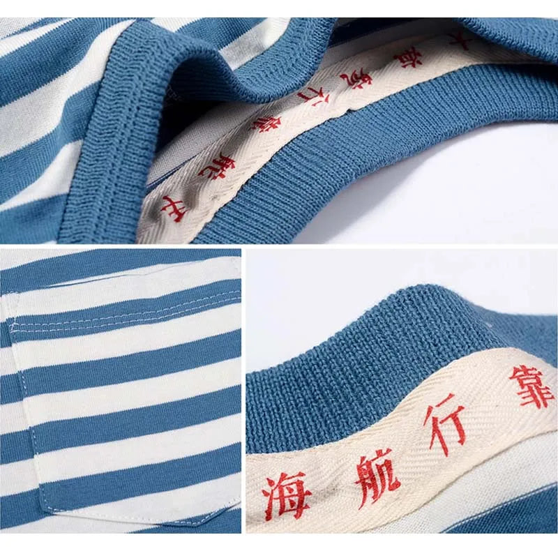 Japanese Retro Blue Striped T Shirt Mens Cotton Casual Tshirts Men Summer Streetwear Sailor Dress Unisex Oversized Breton Tops