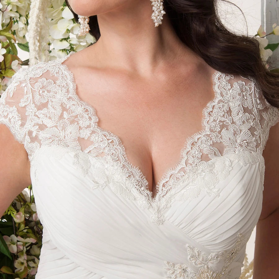 Jiayigong Cheap Plus Size Wedding Dresses Stock Customized Cap Sleeve V-neck Lace Applique Chiffon Beach  Dress Vestido De Novia