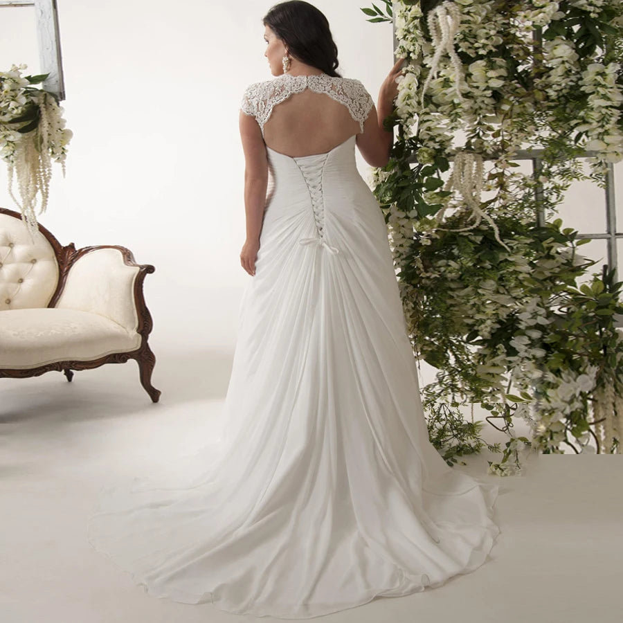 Jiayigong Cheap Plus Size Wedding Dresses Stock Customized Cap Sleeve V-neck Lace Applique Chiffon Beach  Dress Vestido De Novia
