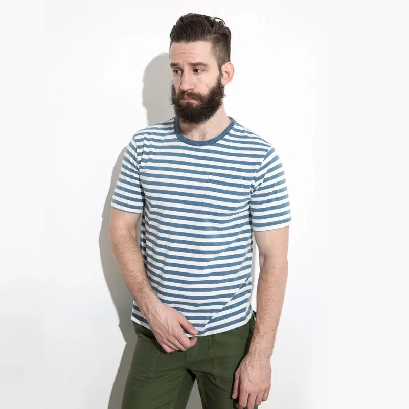 Japanese Retro Blue Striped T Shirt Mens Cotton Casual Tshirts Men Summer Streetwear Sailor Dress Unisex Oversized Breton Tops
