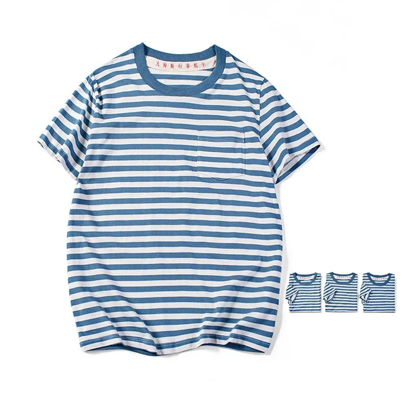 Japanese Retro Blue Striped T Shirt Mens Cotton Casual Tshirts Men Summer Streetwear Sailor Dress Unisex Oversized Breton Tops
