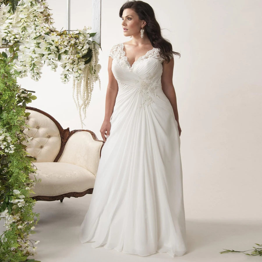 Jiayigong Cheap Plus Size Wedding Dresses Stock Customized Cap Sleeve V-neck Lace Applique Chiffon Beach  Dress Vestido De Novia