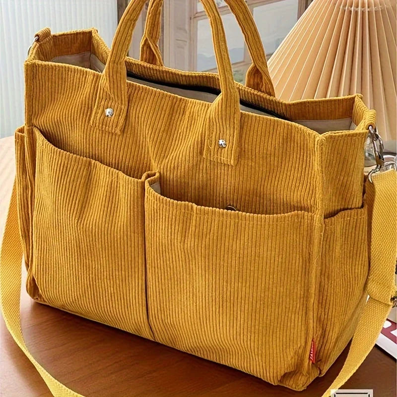 Corduroy Crossbody Tote Bag Stylish Commuter Shoulder Bag with Multiple Spacious Pockets Handbag for Women