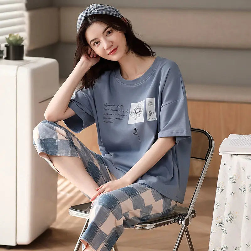 Korean Version Pajamas Women Summer Imitation Cotton Short Sleeve Capri Pants Home Wear Summer Casual Daily Cute Plus-size Suit