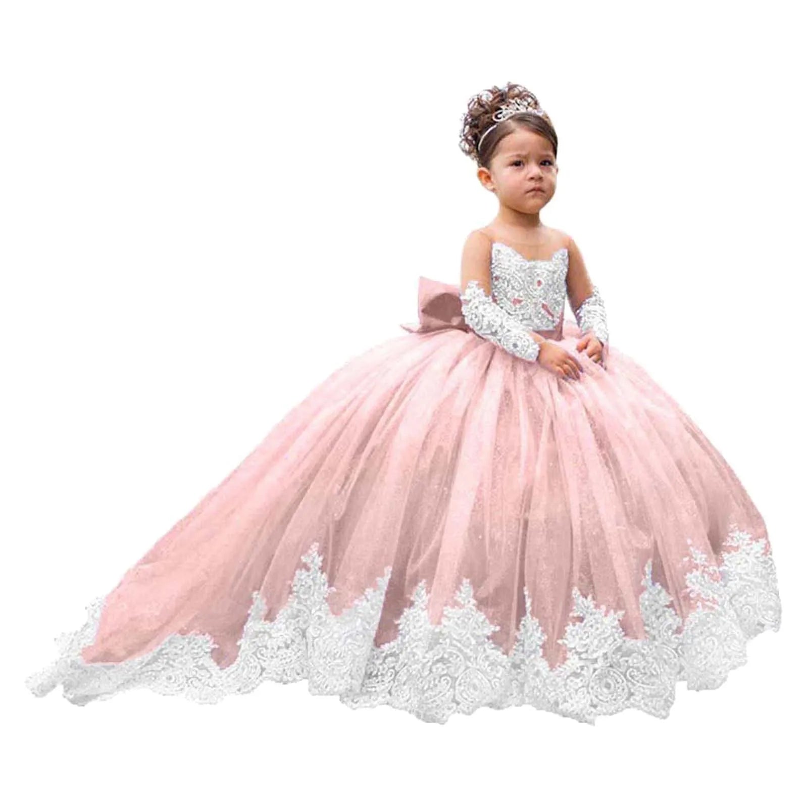 Elegant White Lace Wedding Party Dresses for Girls Full Sleeves Princess Flower Girl Dress With Bow Custom Kids Birthday Gowns